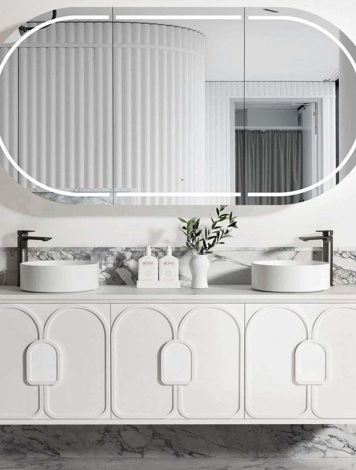 The exquisite panelling of the Otti Laguna Double Bowl Vanity by Austpek gives it a retro art deco look.