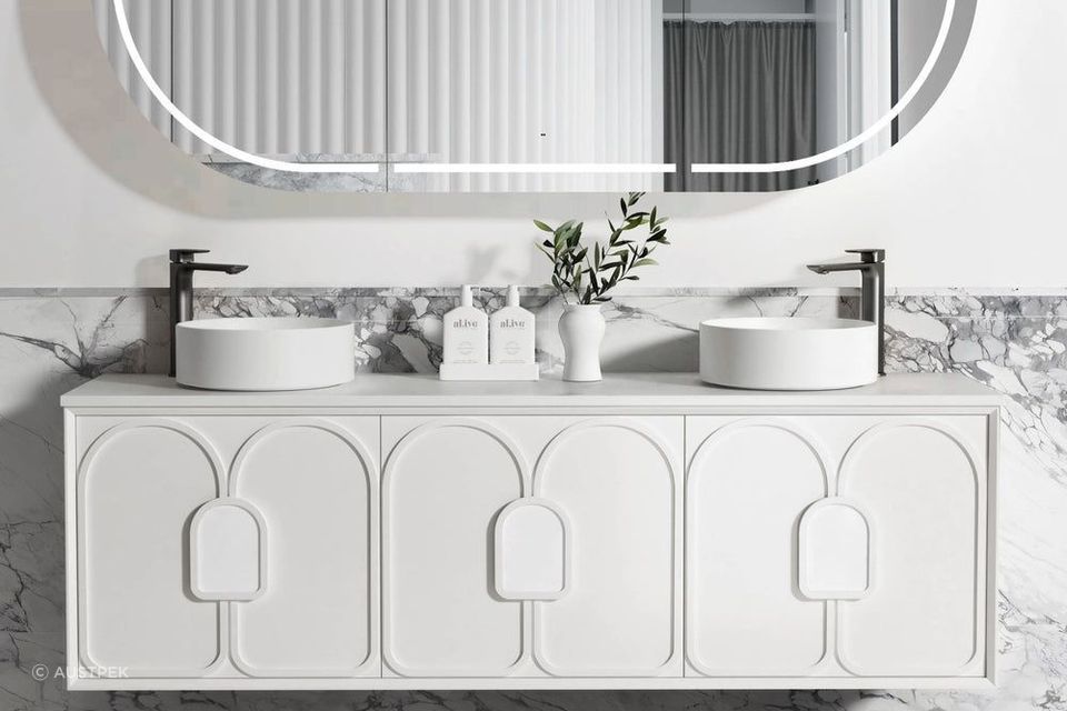 The exquisite panelling of the Otti Laguna Double Bowl Vanity by Austpek gives it a retro art deco look.