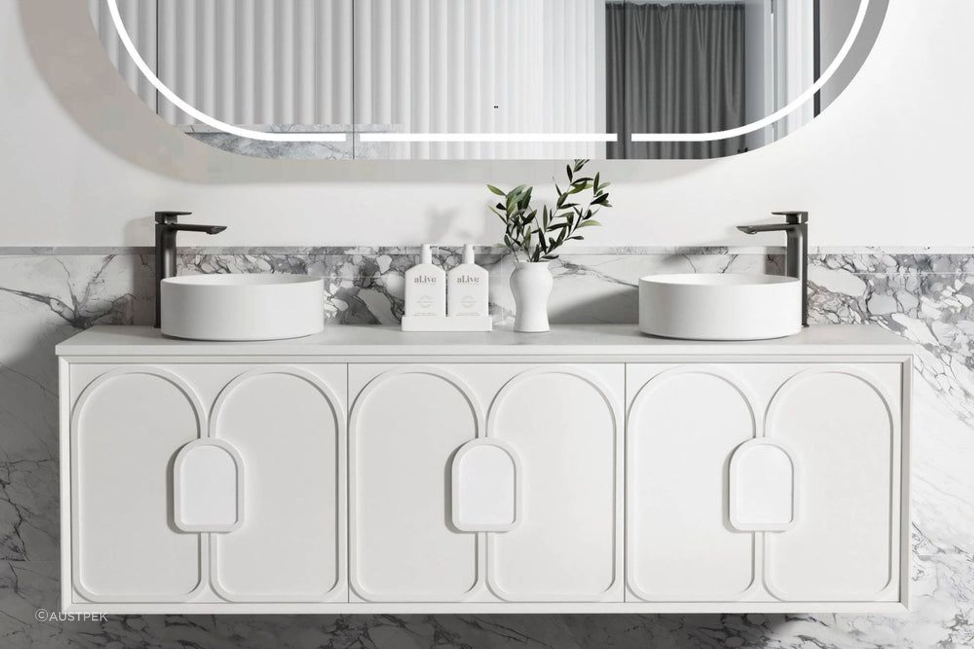 The exquisite panelling of the Otti Laguna Double Bowl Vanity by Austpek gives it a retro art deco look.