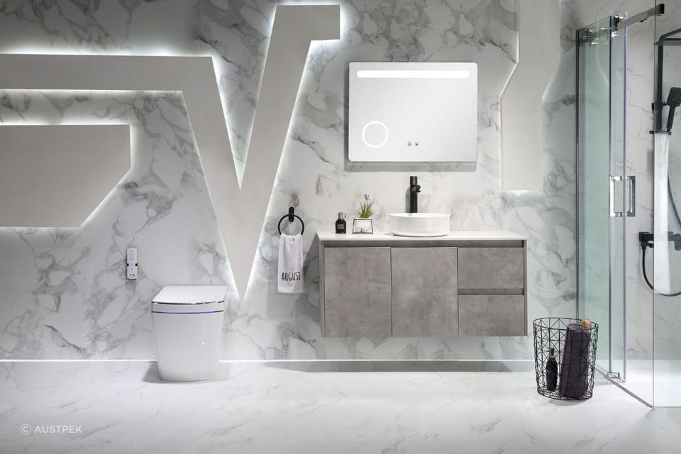 Your toilet should be at least 500mm from your bathroom vanity, as seen here with the sophisticated Lafeme Lucci Smart Toilet from Austpek.