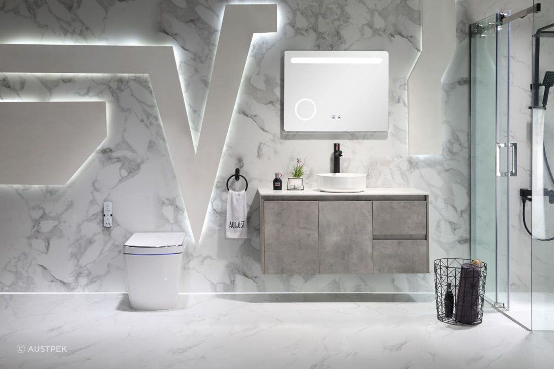 Your toilet should be at least 500mm from your bathroom vanity, as seen here with the sophisticated Lafeme Lucci Smart Toilet from Austpek.