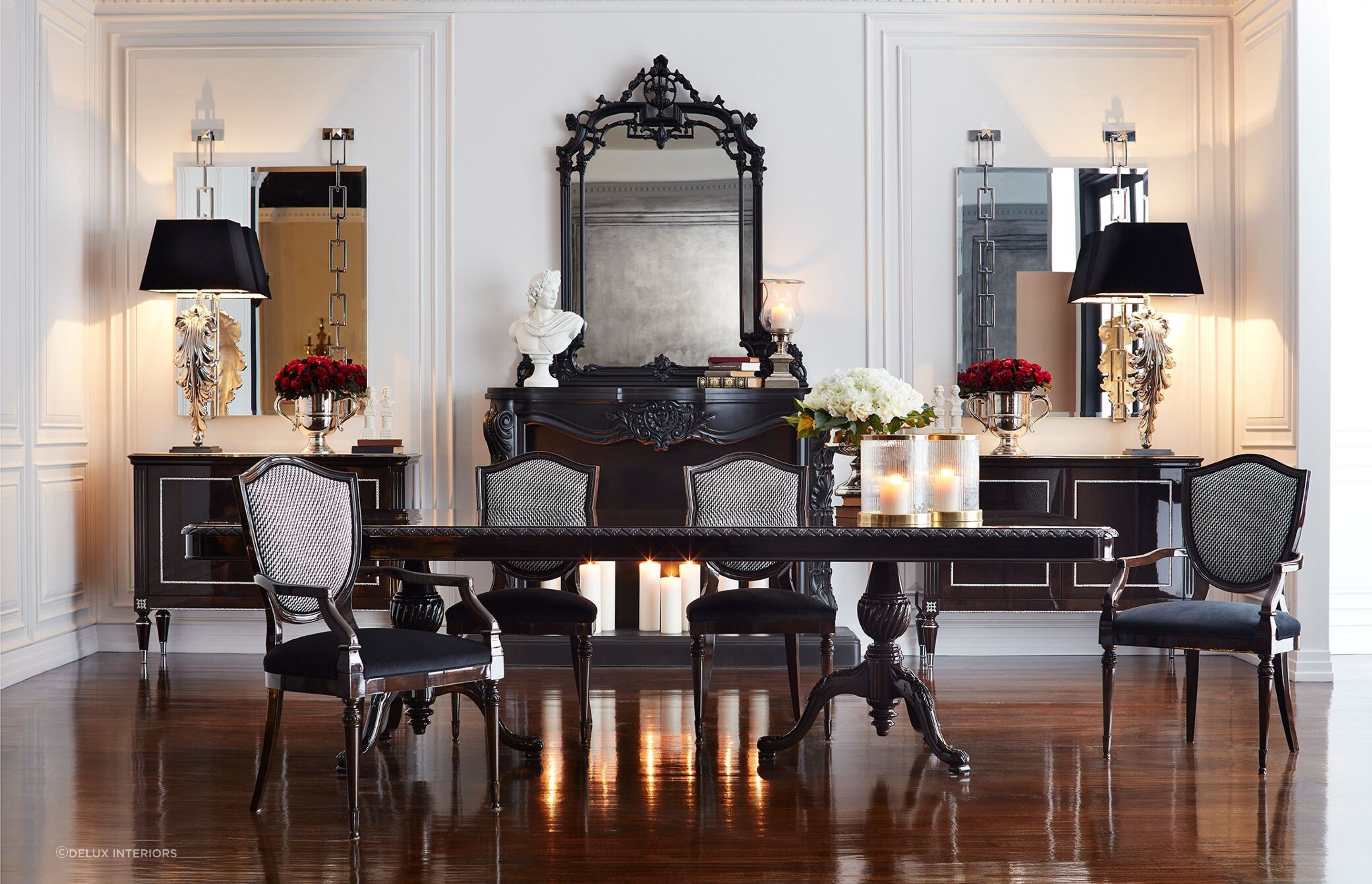 A dining table mirror, or three, can transform the experience of an evening, especially when paired with an impeccable furnishing like the London Dining Table.
