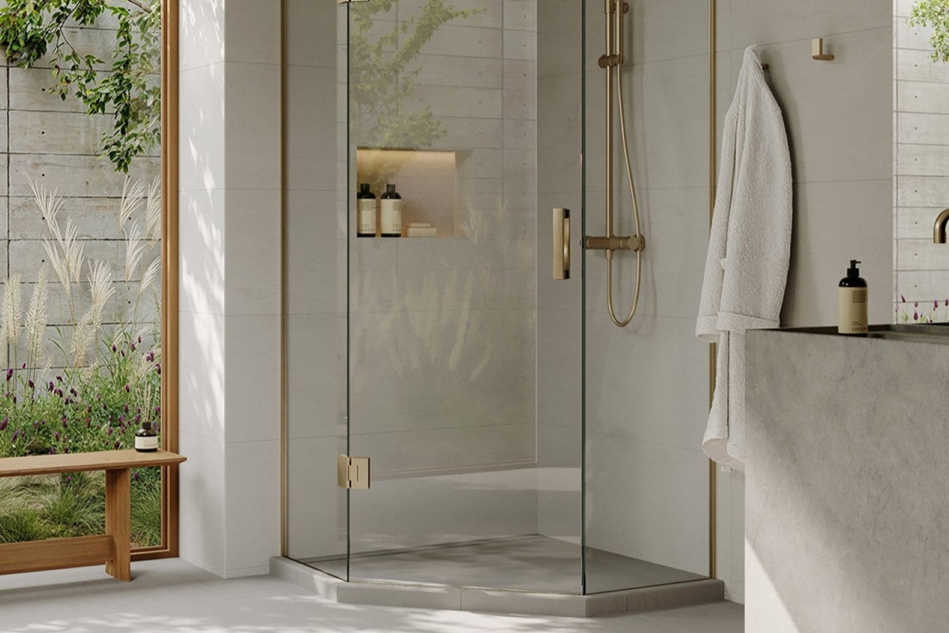 Solutions like the Linea Quattro Tiled Shower
by Atlantis facilitate customisable shapes like pentagonal enclosures.