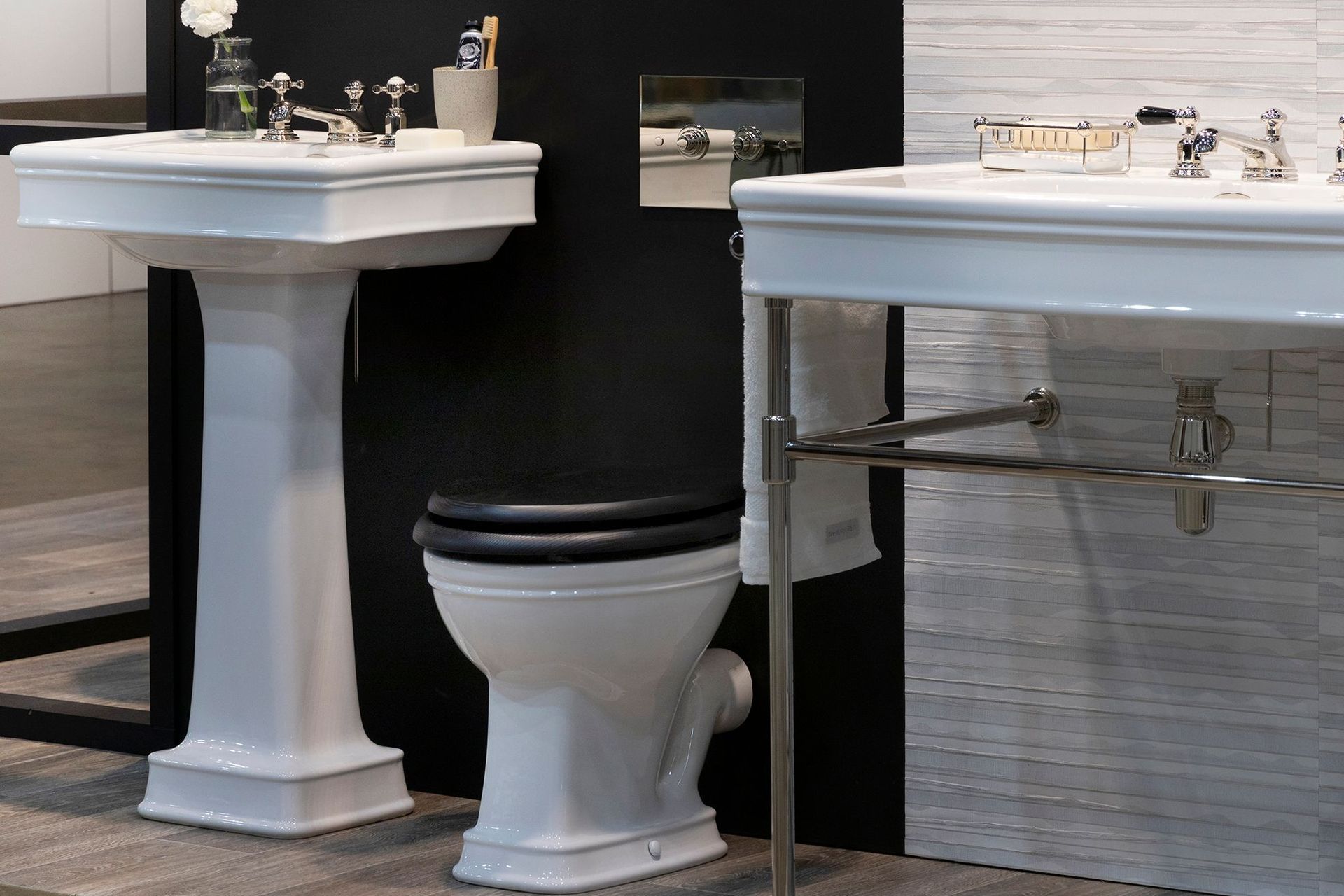 A modern toilet with two flush buttons, one for a full flush and another for a half flush, providing users with water-saving options