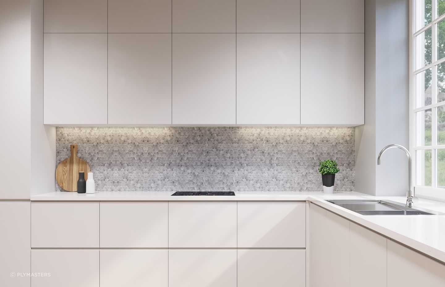 Moisture-resistant MDF is a great solution for the modern kitchen, epitomised here with these Arctic White Melaboard MDF Panels by Plymasters.