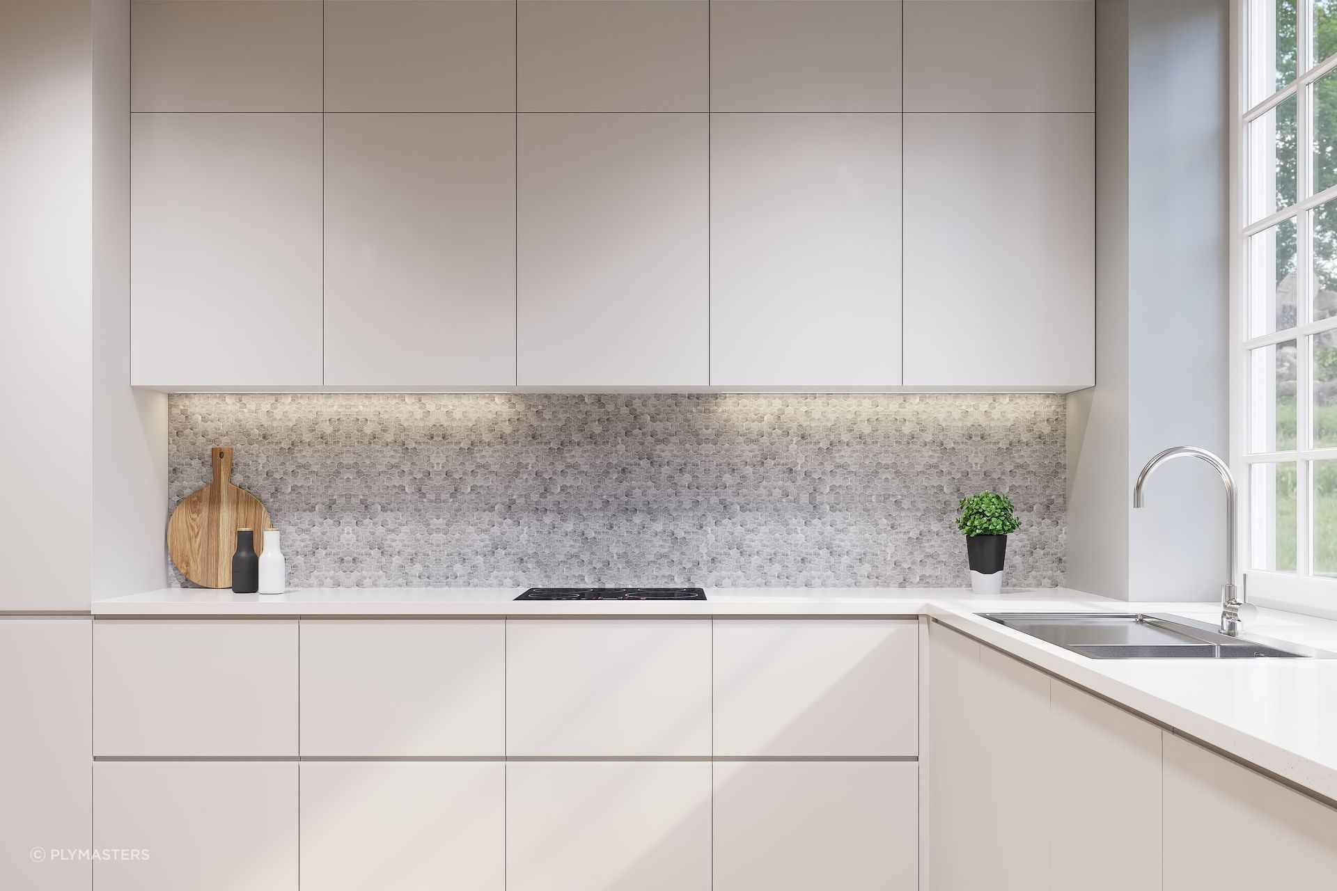Moisture-resistant MDF is a great solution for the modern kitchen, epitomised here with these Arctic White Melaboard MDF Panels by Plymasters.