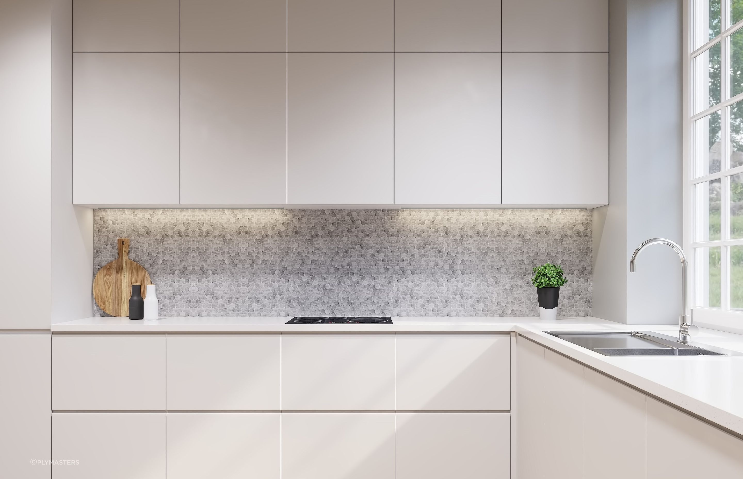 Moisture-resistant MDF is a great solution for the modern kitchen, epitomised here with these Arctic White Melaboard MDF Panels by Plymasters.