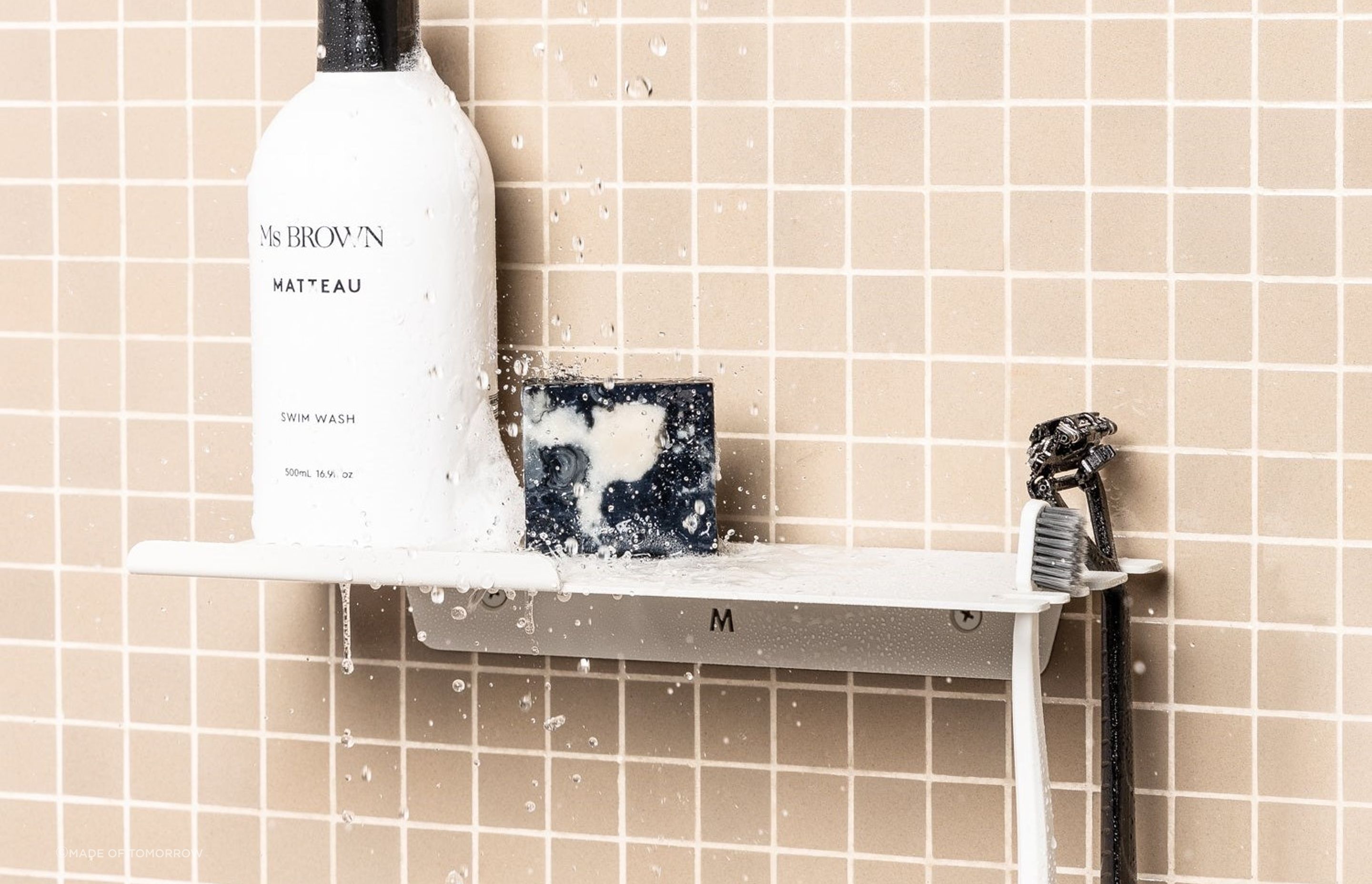 A shower shelf option like the Fold Shower Shelf is easy to install and can accommodate a range of different toiletries.