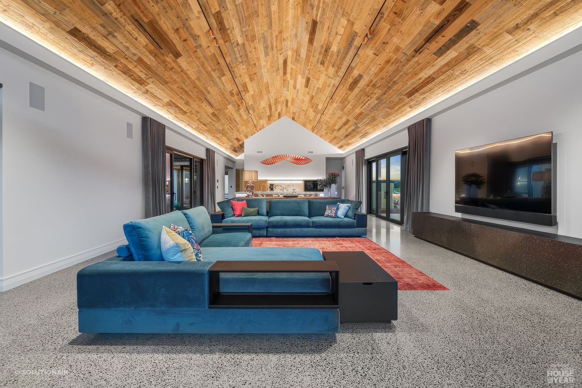 Holyoake Slott Diffuser supplied by Solutionair is incorported seamlessly into this recycled timber ceiling.
