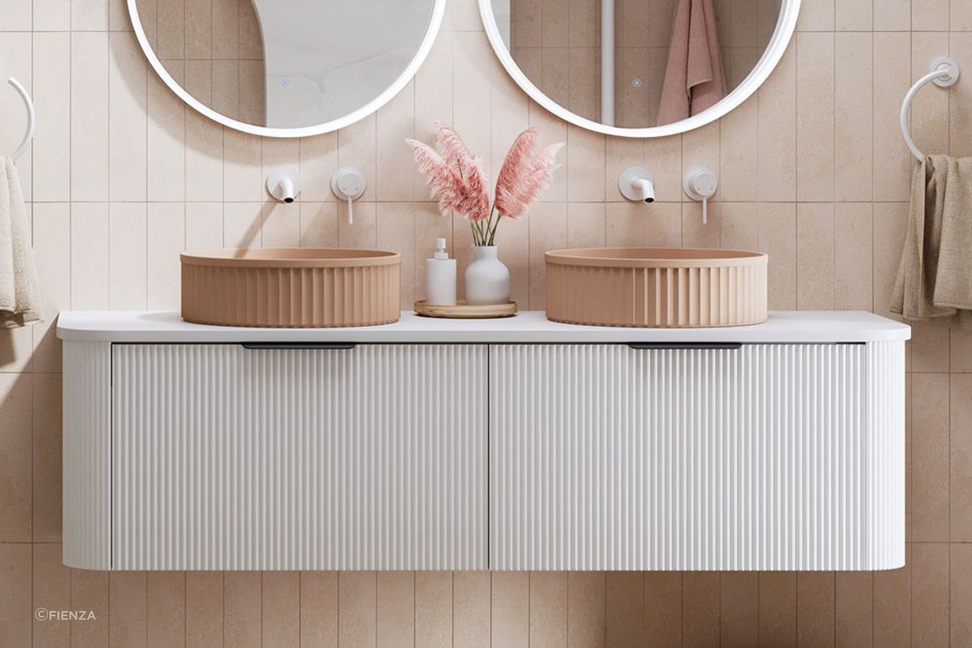 The Minka Curved Wall Hung Vanities save invaluable floor space in the bathroom.