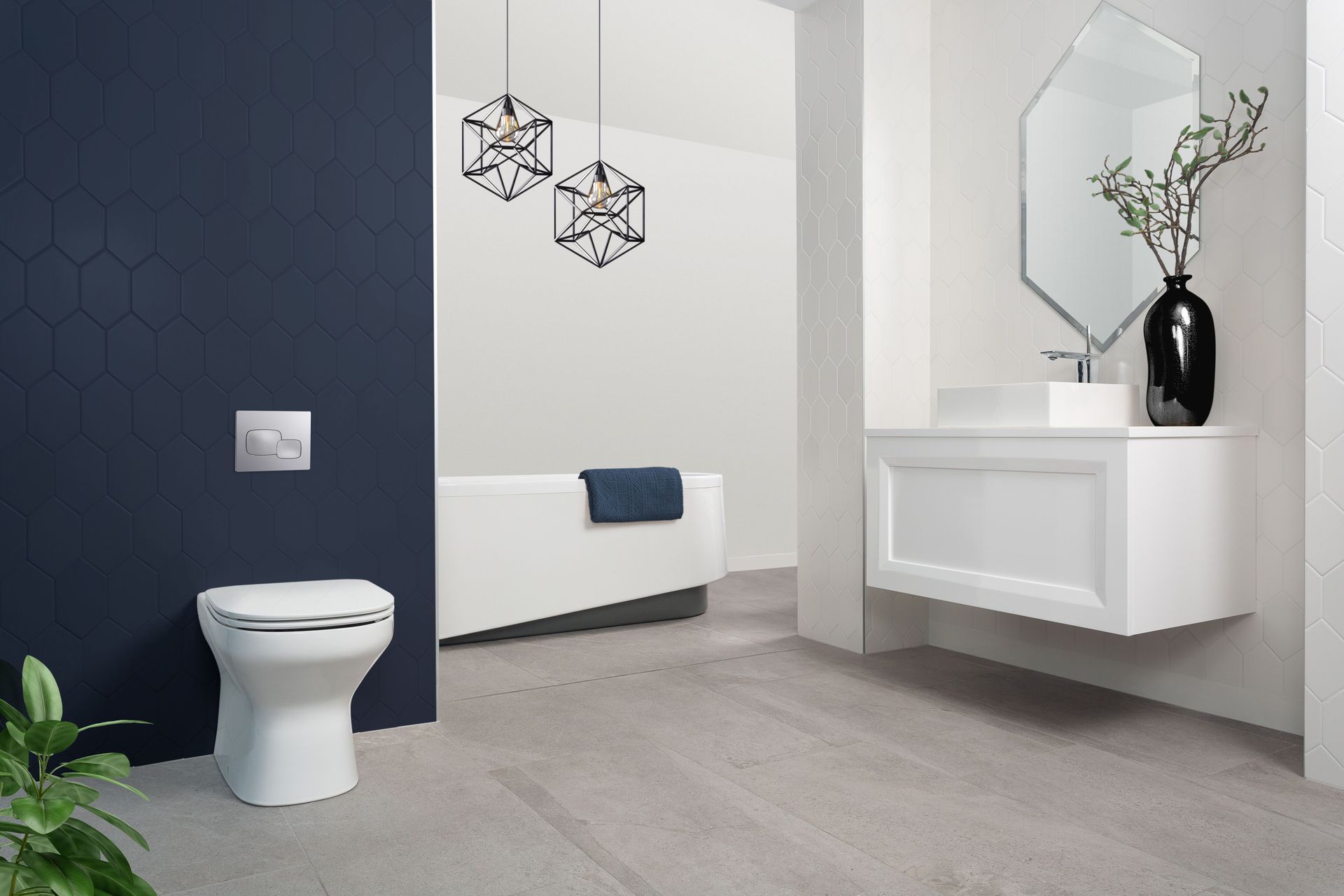 Wall-faced toilets are designed with streamlined features to optimise space.