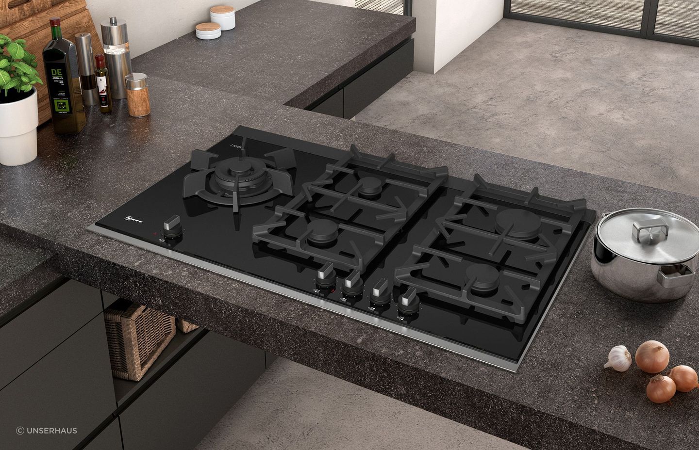 The NEFF Gas Cooktop boasts an extremely heat-resistant ceramic glass surface.