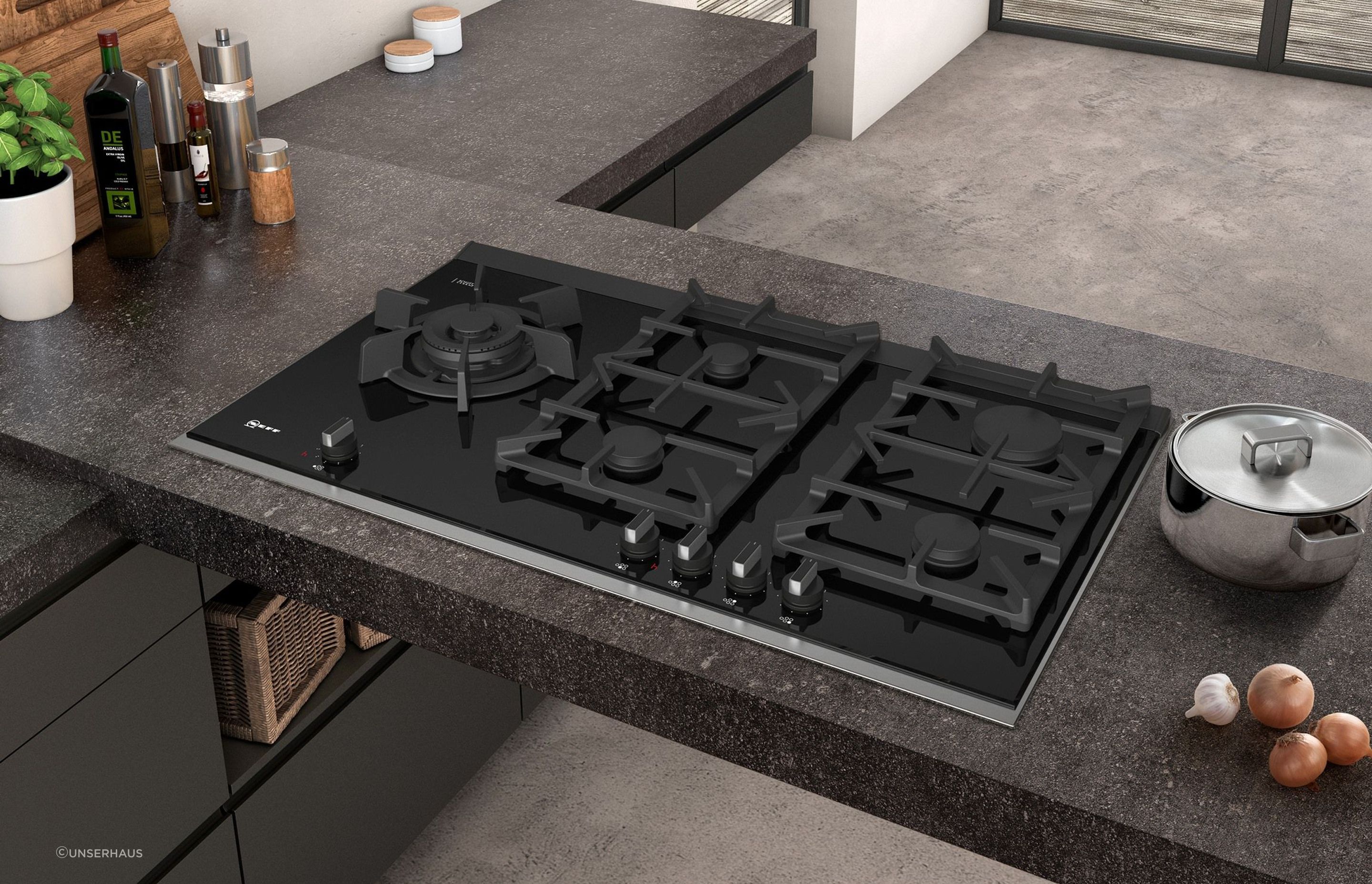 The NEFF Gas Cooktop boasts an extremely heat-resistant ceramic glass surface.