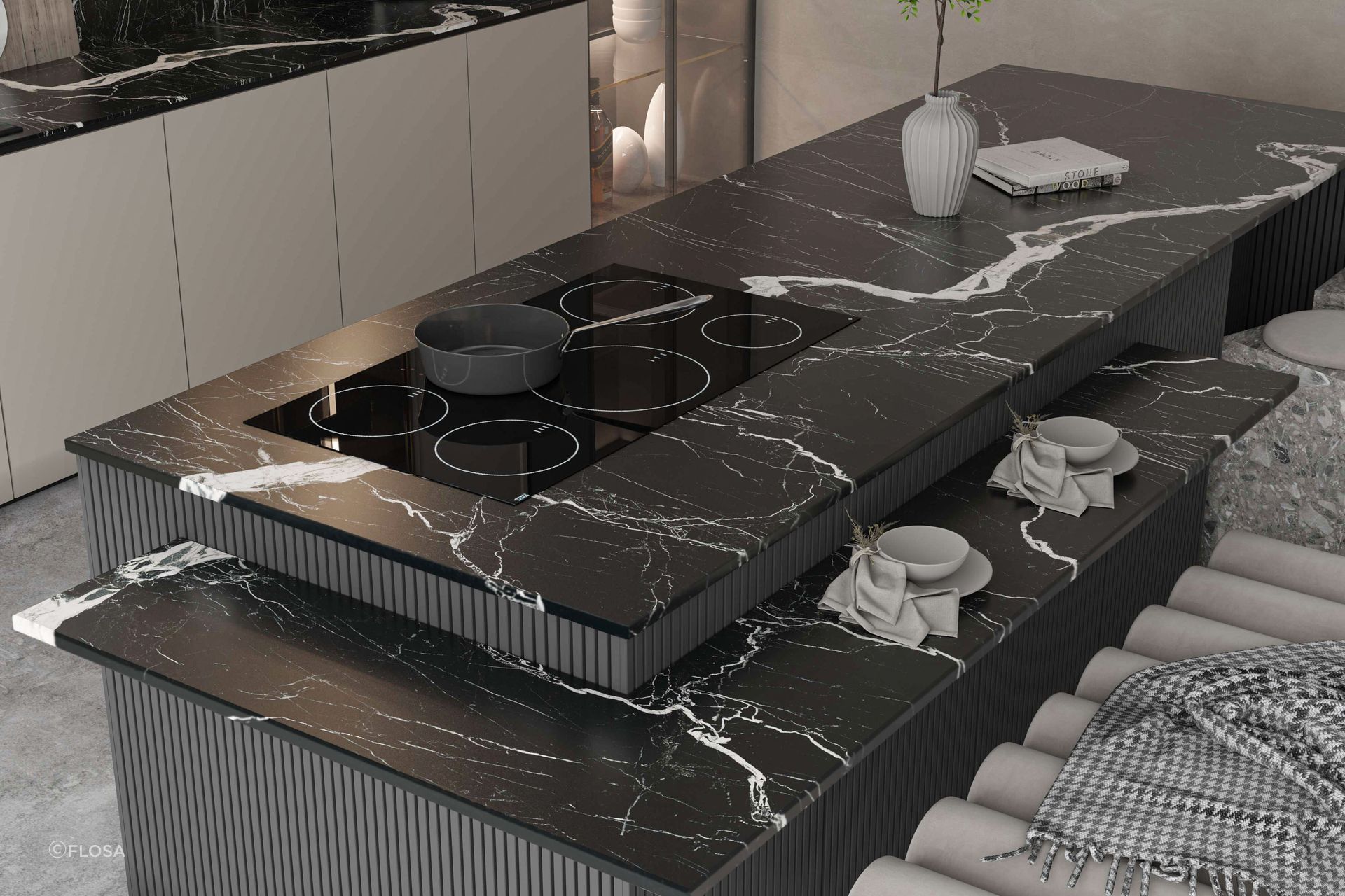 Porcelain slabs are water, stain, scratch, and heat resistant, making them the perfect choice for kitchen benchtops and outdoor cooking areas.