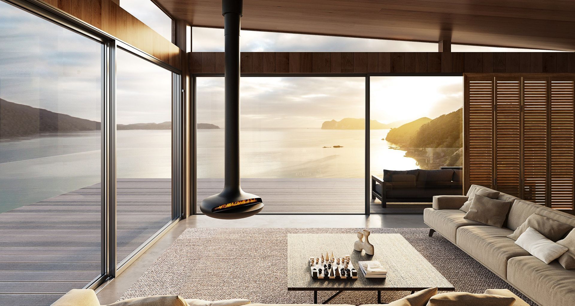 The Naked Flame Curve-90 Suspended Fireplace.