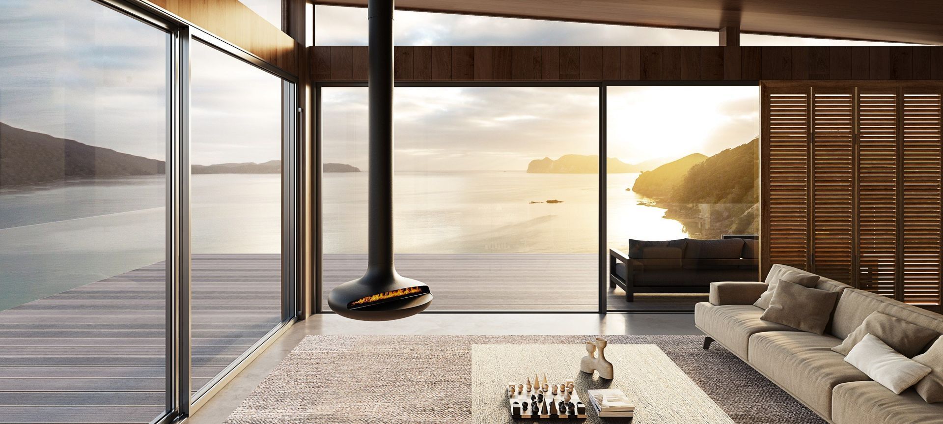 The Naked Flame Curve-90 Suspended Fireplace.