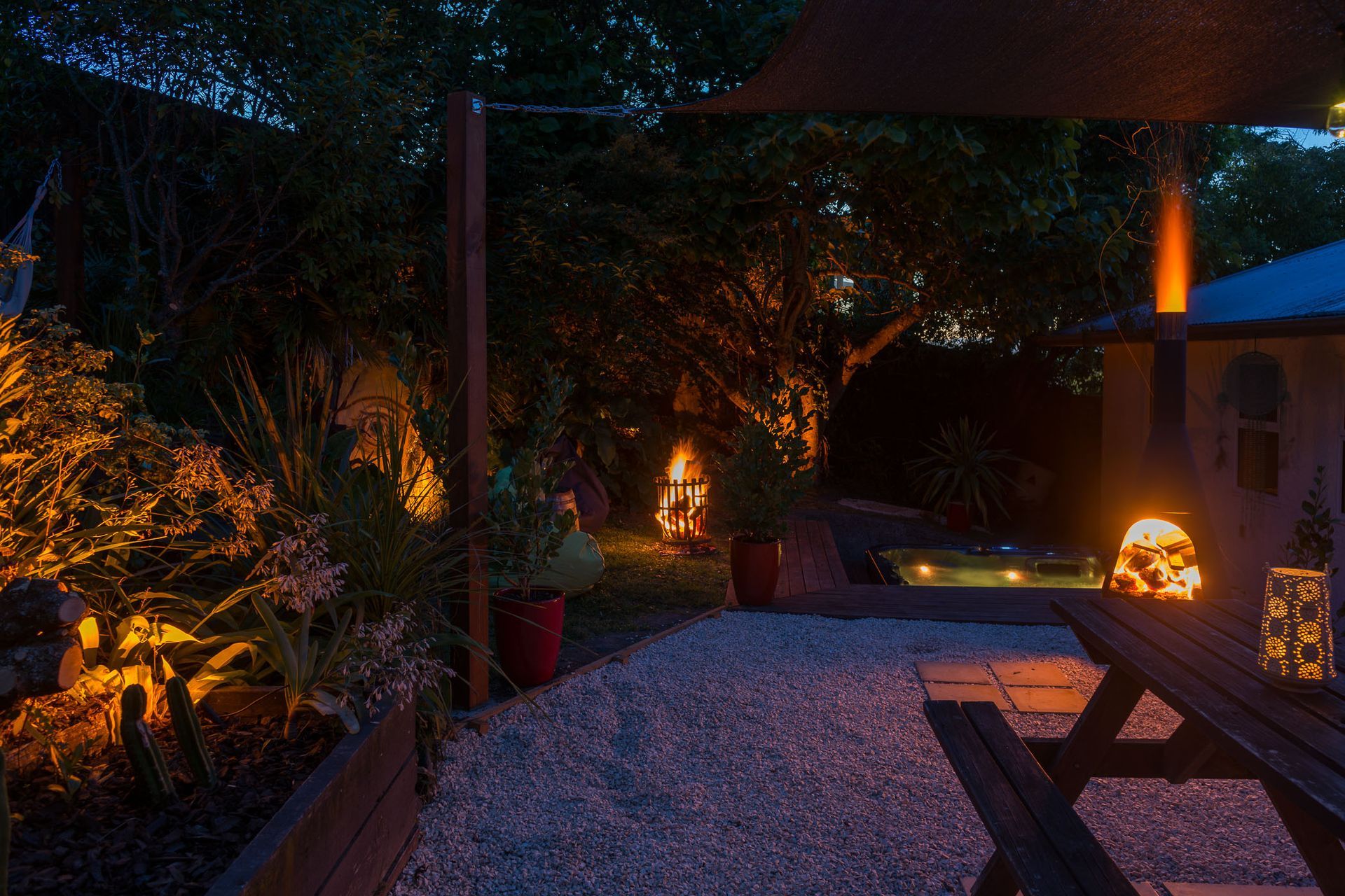 Amber lighting looks warm and attractive and has the added benefit of reducing insect attraction after dark.