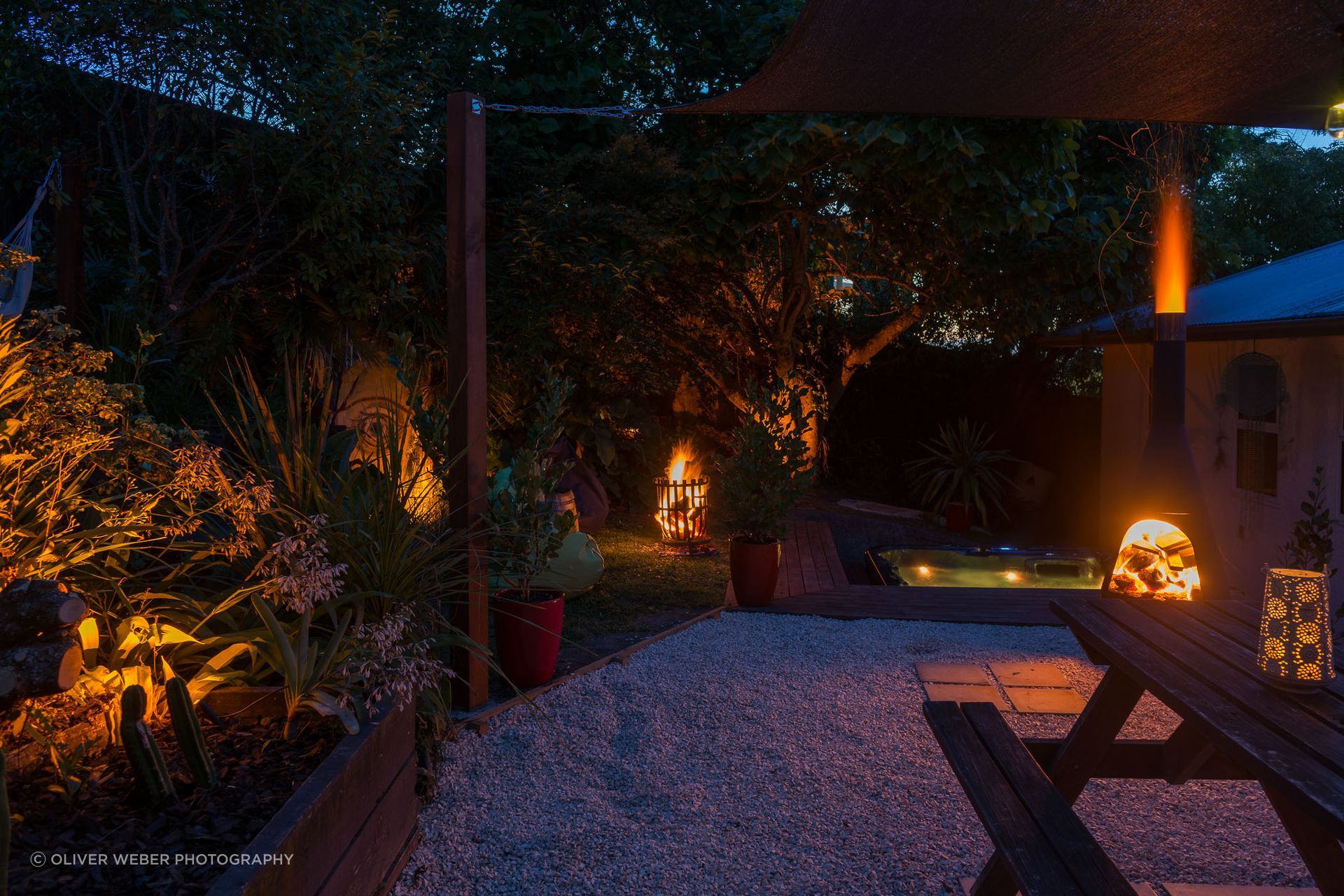 Amber lighting looks warm and attractive and has the added benefit of reducing insect attraction after dark.