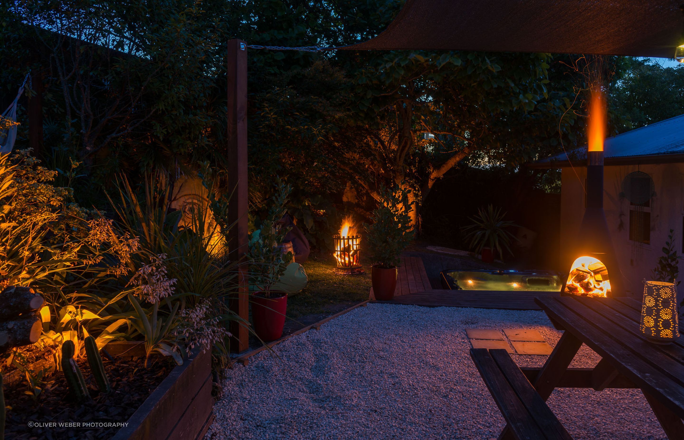 Amber lighting looks warm and attractive and has the added benefit of reducing insect attraction after dark.