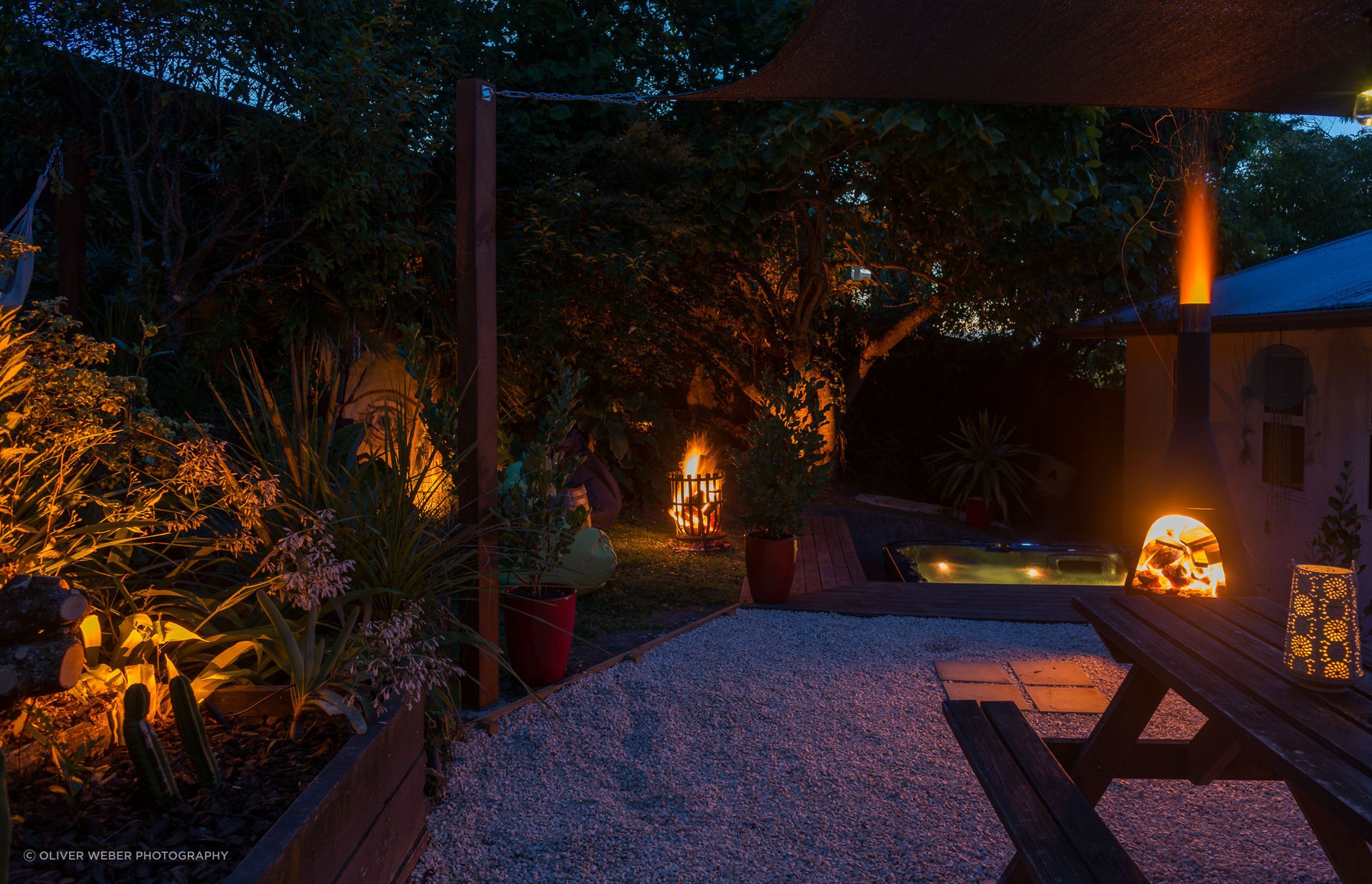 Amber lighting looks warm and attractive and has the added benefit of reducing insect attraction after dark.