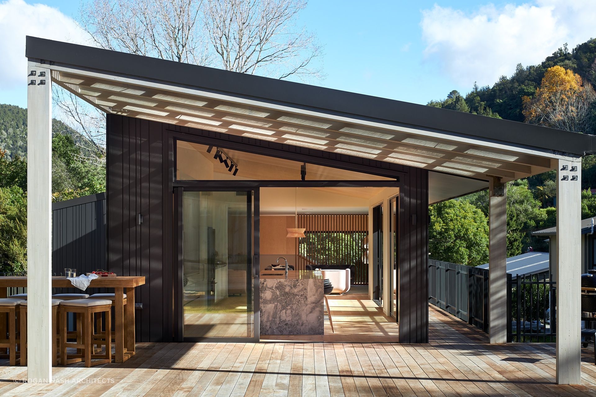 A thoughtfully crafted getaway near Lake Ōkāreka, affectionately named the Owl's Retreat, by Rogan Nash Architects.