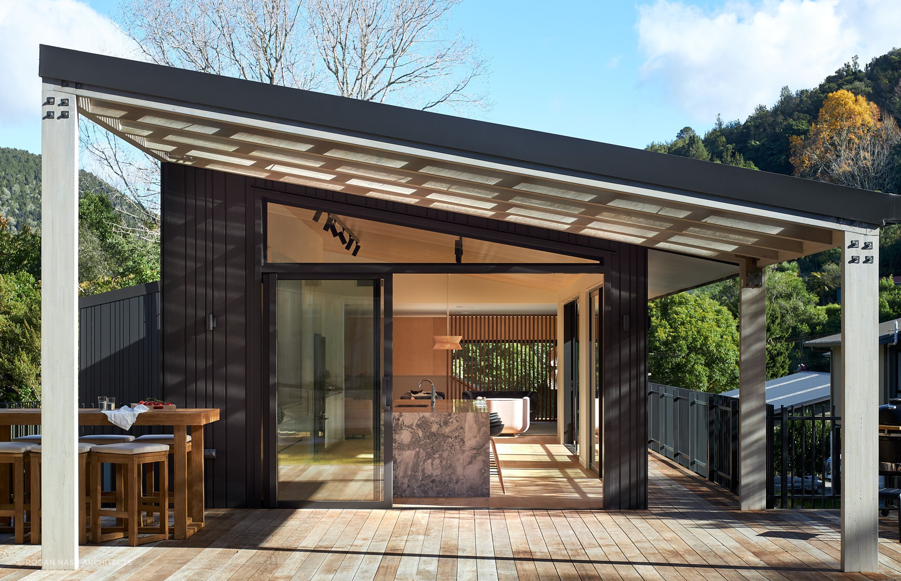 A thoughtfully crafted getaway near Lake Ōkāreka, affectionately named the Owl's Retreat, by Rogan Nash Architects.