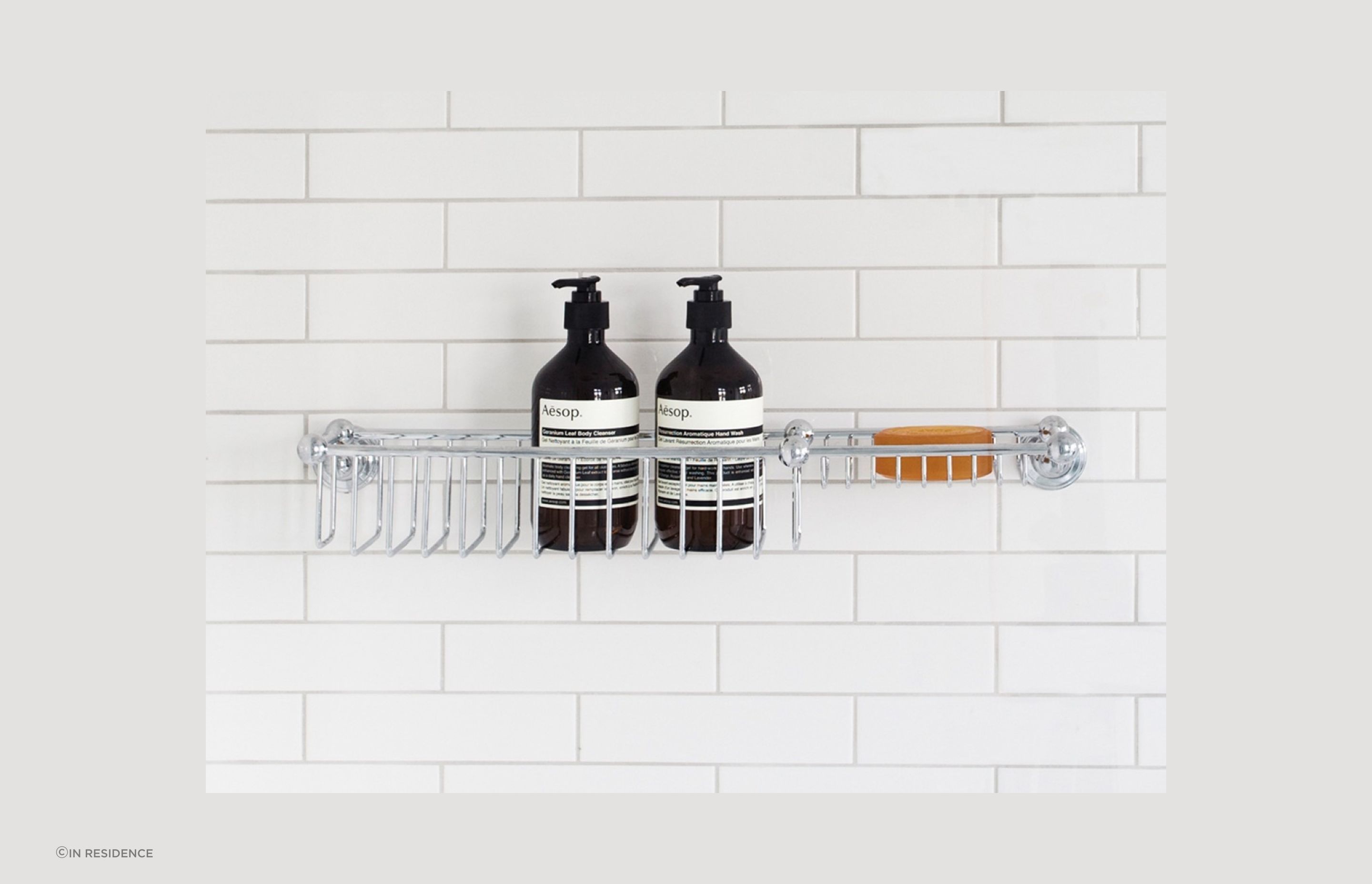 The elegant Perrin &amp; Rowe Shower Basket with Soap Tray allows full drainage for easy cleaning and maintenance.