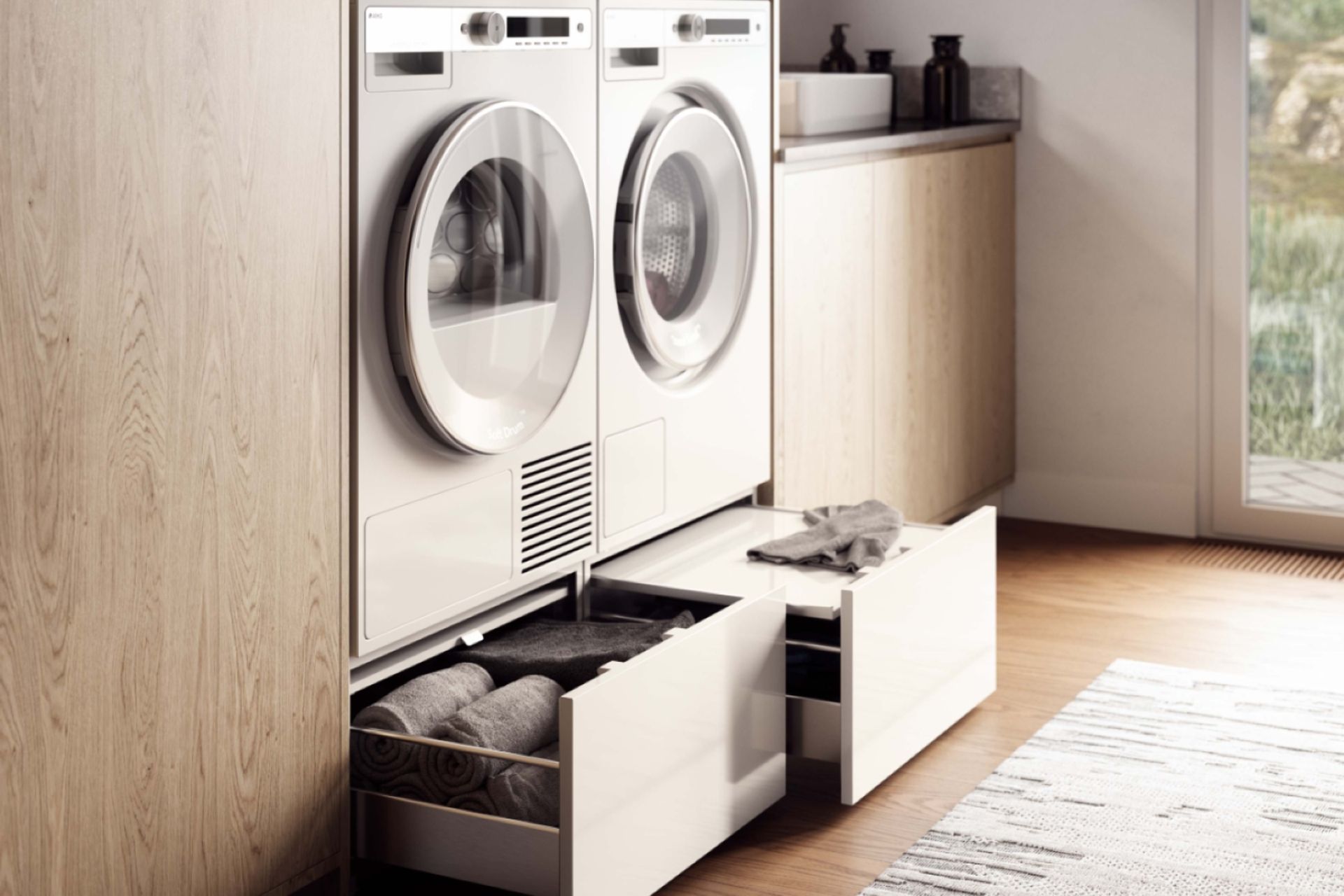 You'll be able to comfortably your soft, plush towels into your pull-out drawers like these with a high-quality washing machine cleaning them.