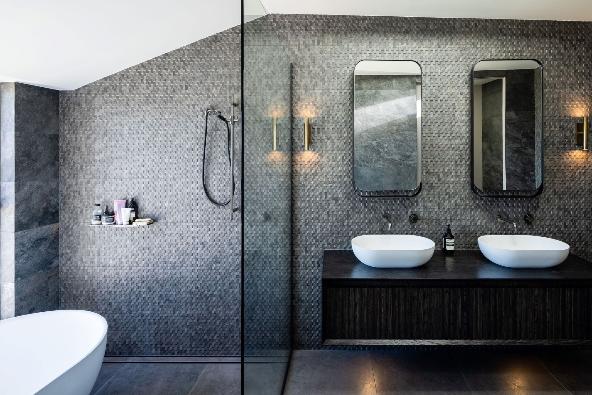 A mesmerising wall of mosaic tiles in the stunning master en suite at Parsons House in Christchurch — Photography: Clinton Lloyd