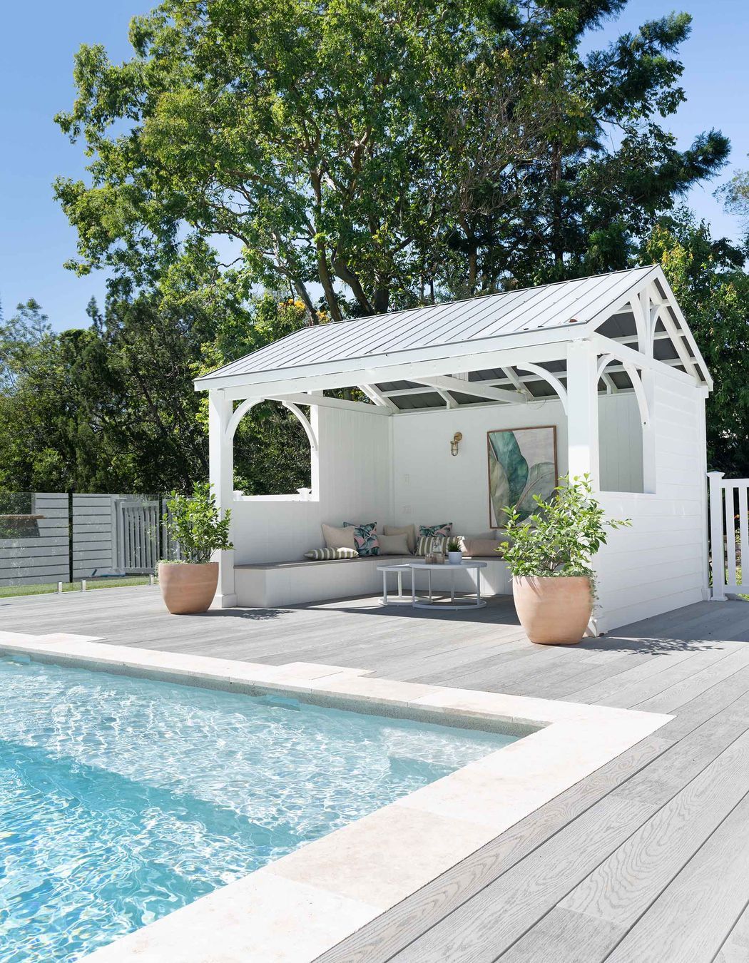 "The pool area is impressive, with a huge 10m x 6m pool allowing plenty of room for the family and friends to enjoy. Millboard decking was used around the pool perimeter and flowing into the pool house, a safe choice with its high anti-slip rating (P5)."