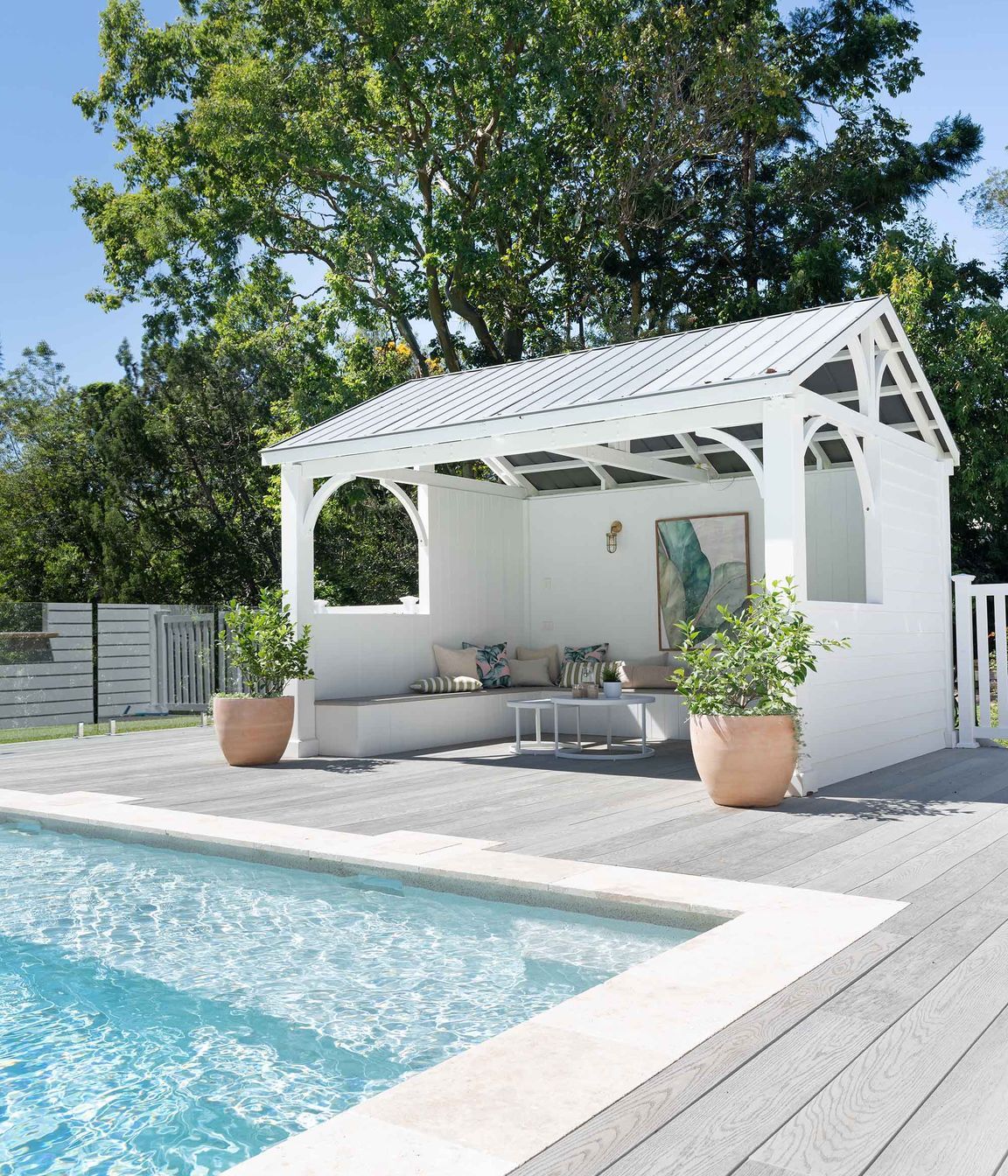 "The pool area is impressive, with a huge 10m x 6m pool allowing plenty of room for the family and friends to enjoy. Millboard decking was used around the pool perimeter and flowing into the pool house, a safe choice with its high anti-slip rating (P5)."