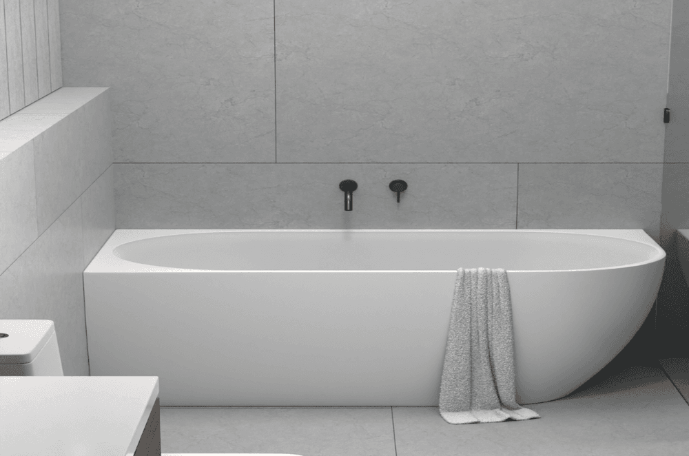  Positano 1400RH corner freestanding bath by Castano, resembles a built in bath, and is a great fit in a small bathroom