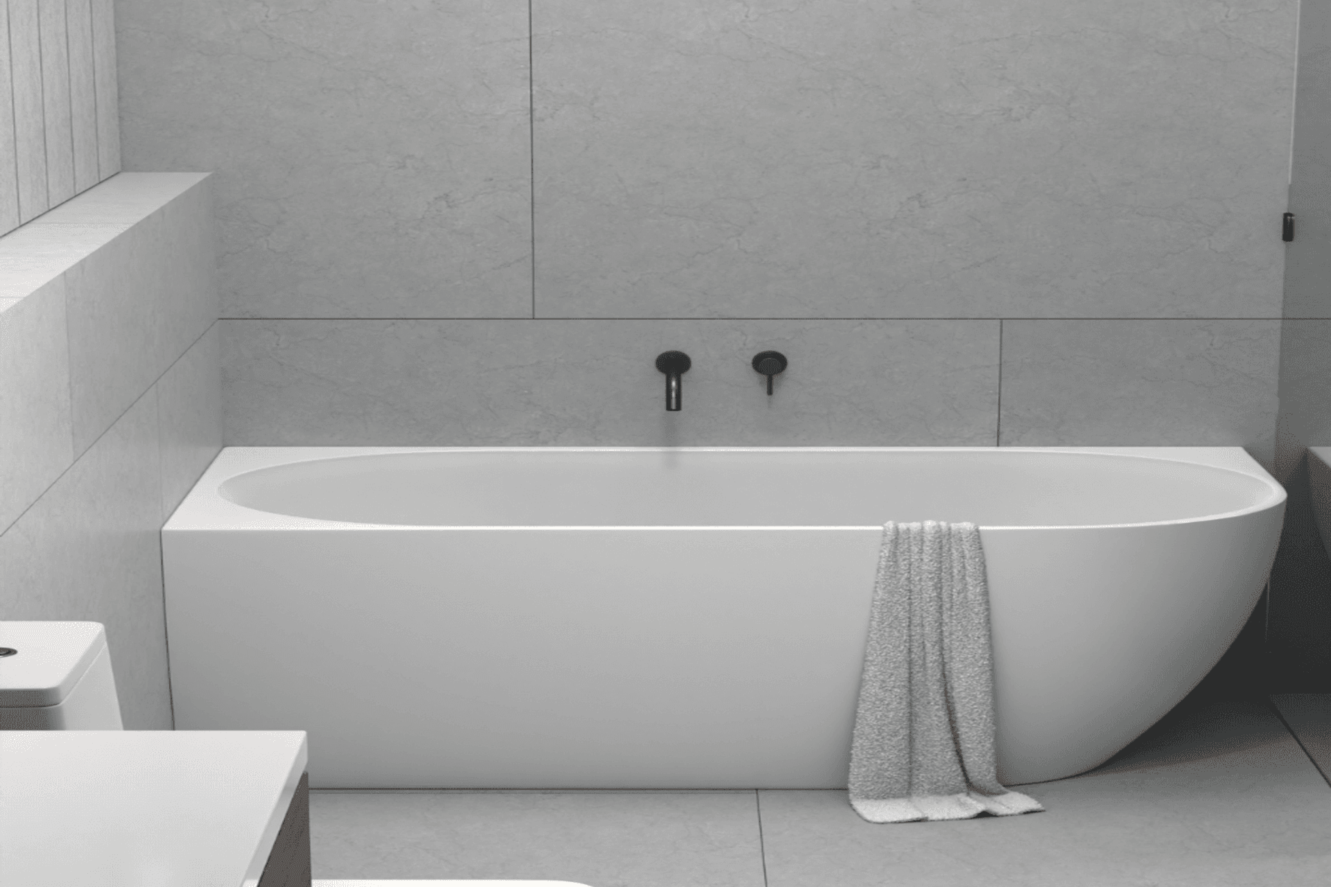  Positano 1400RH corner freestanding bath by Castano, resembles a built in bath, and is a great fit in a small bathroom
