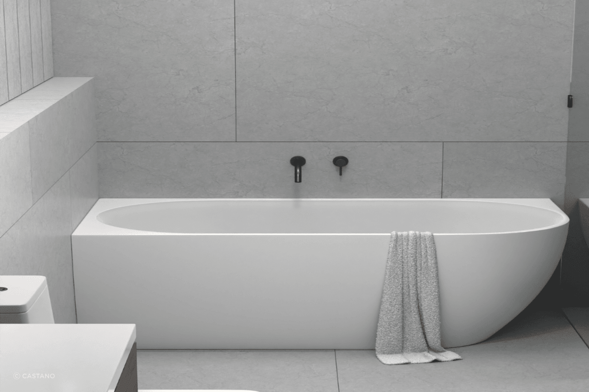  Positano 1400RH corner freestanding bath by Castano, resembles a built in bath, and is a great fit in a small bathroom