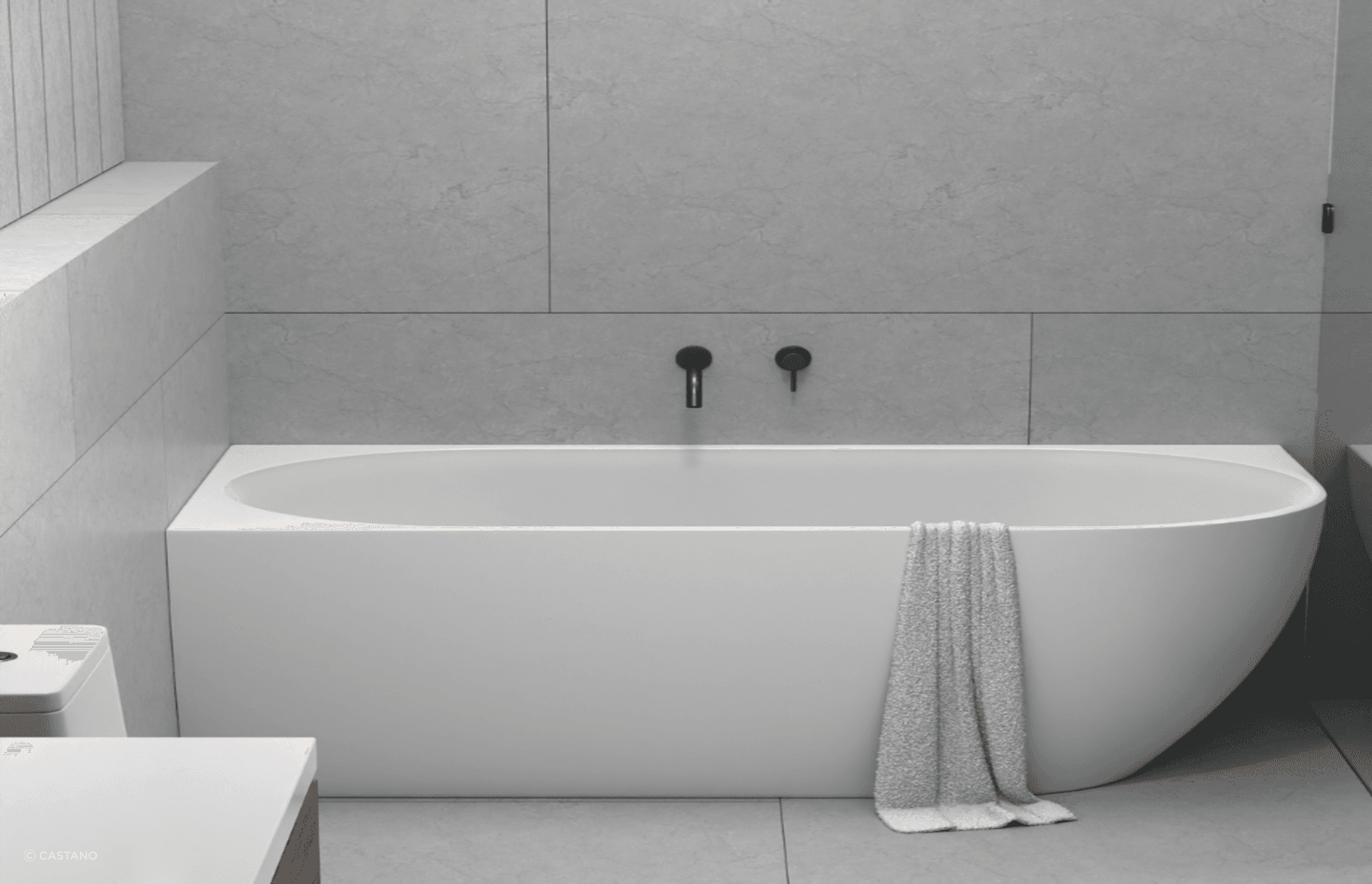  Positano 1400RH corner freestanding bath by Castano, resembles a built in bath, and is a great fit in a small bathroom
