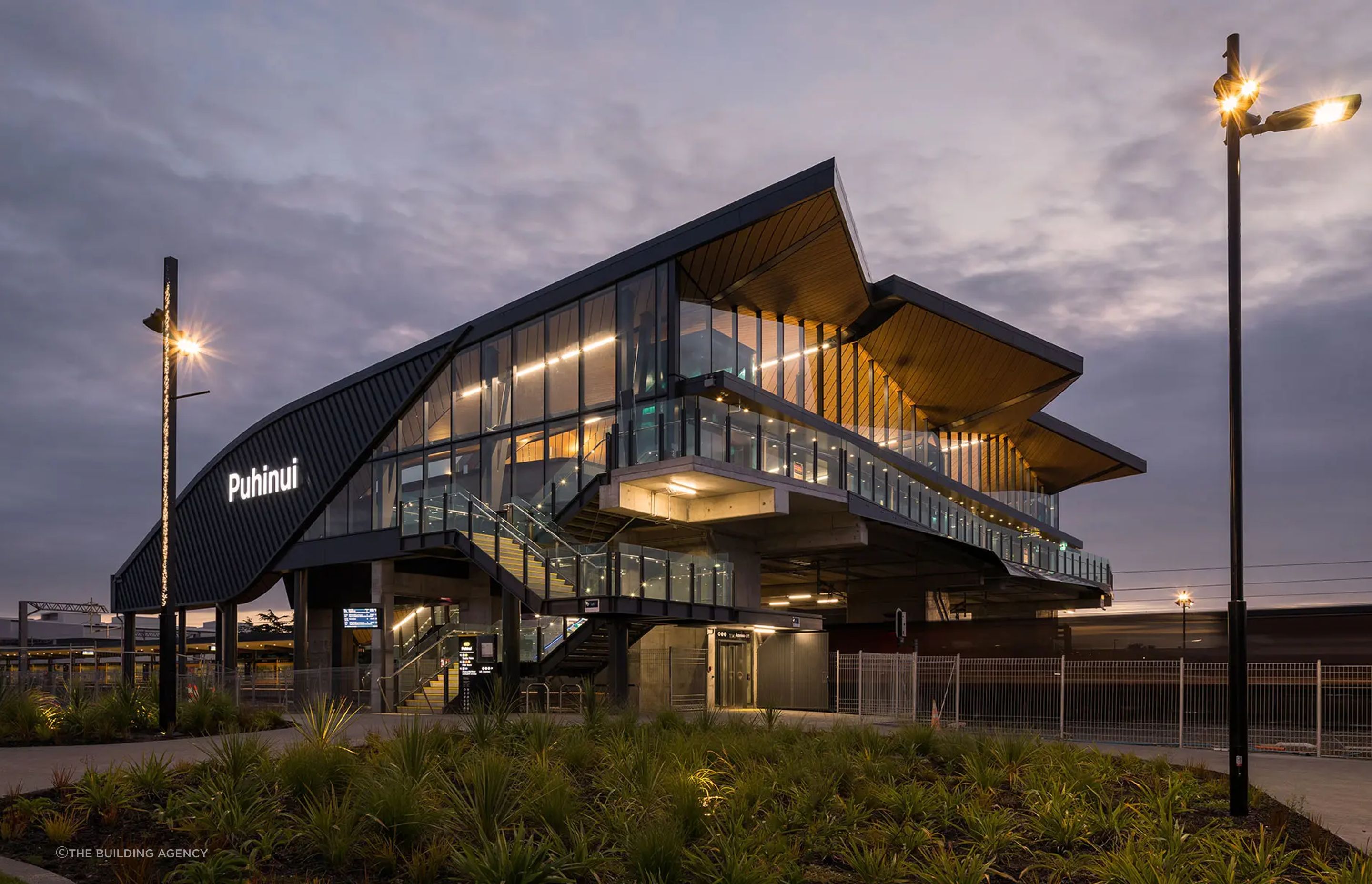 The Puhinui Station interchange showcases a striking and innovative modern commercial exterior facade.