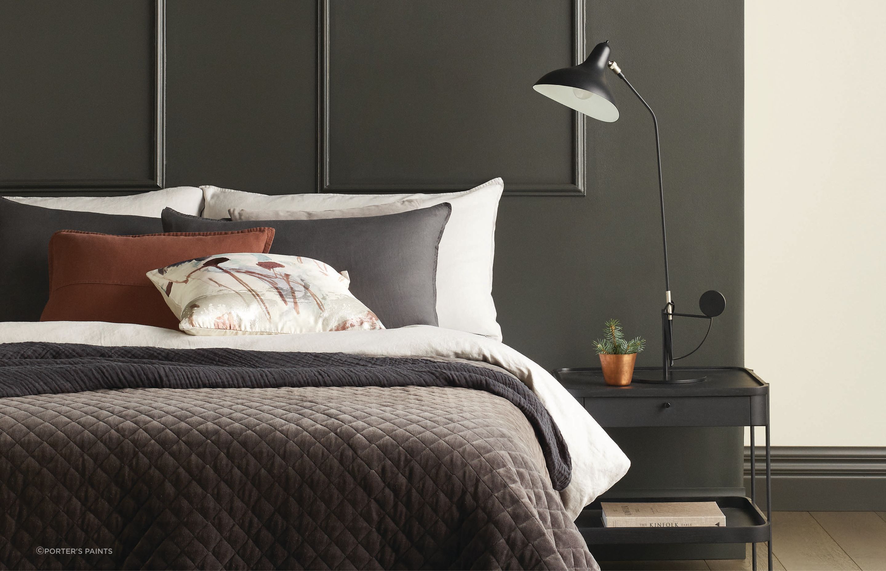 Dark greys, like Porter's Paints River Stone, are increasingly finding a place in the bedroom.
