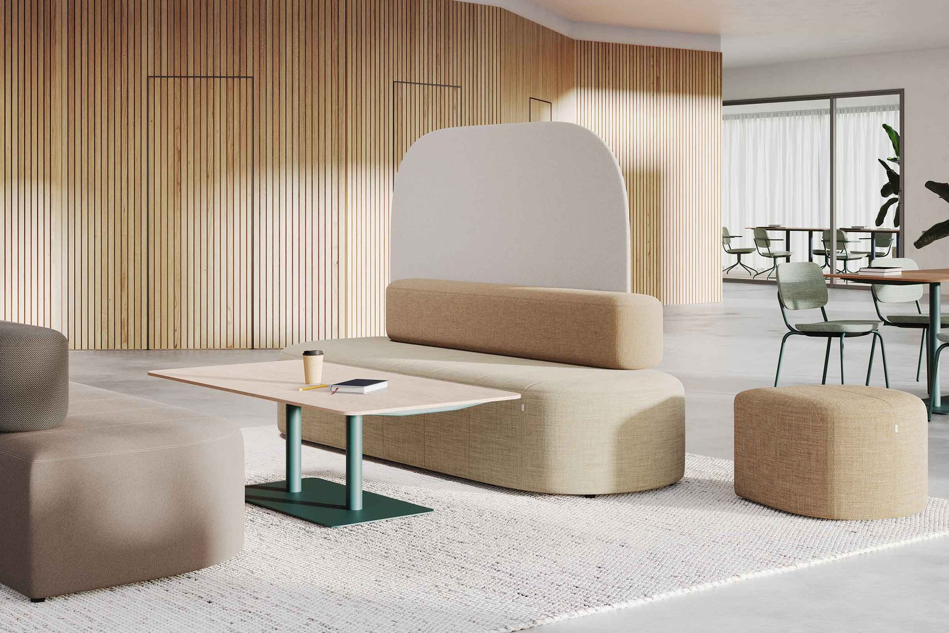 Profim Revo is a stylish collection of sofas, benches, screens, and stools in softly contoured organic shapes. Designed by Pearson Lloyd, Revo is rooted in circularity.