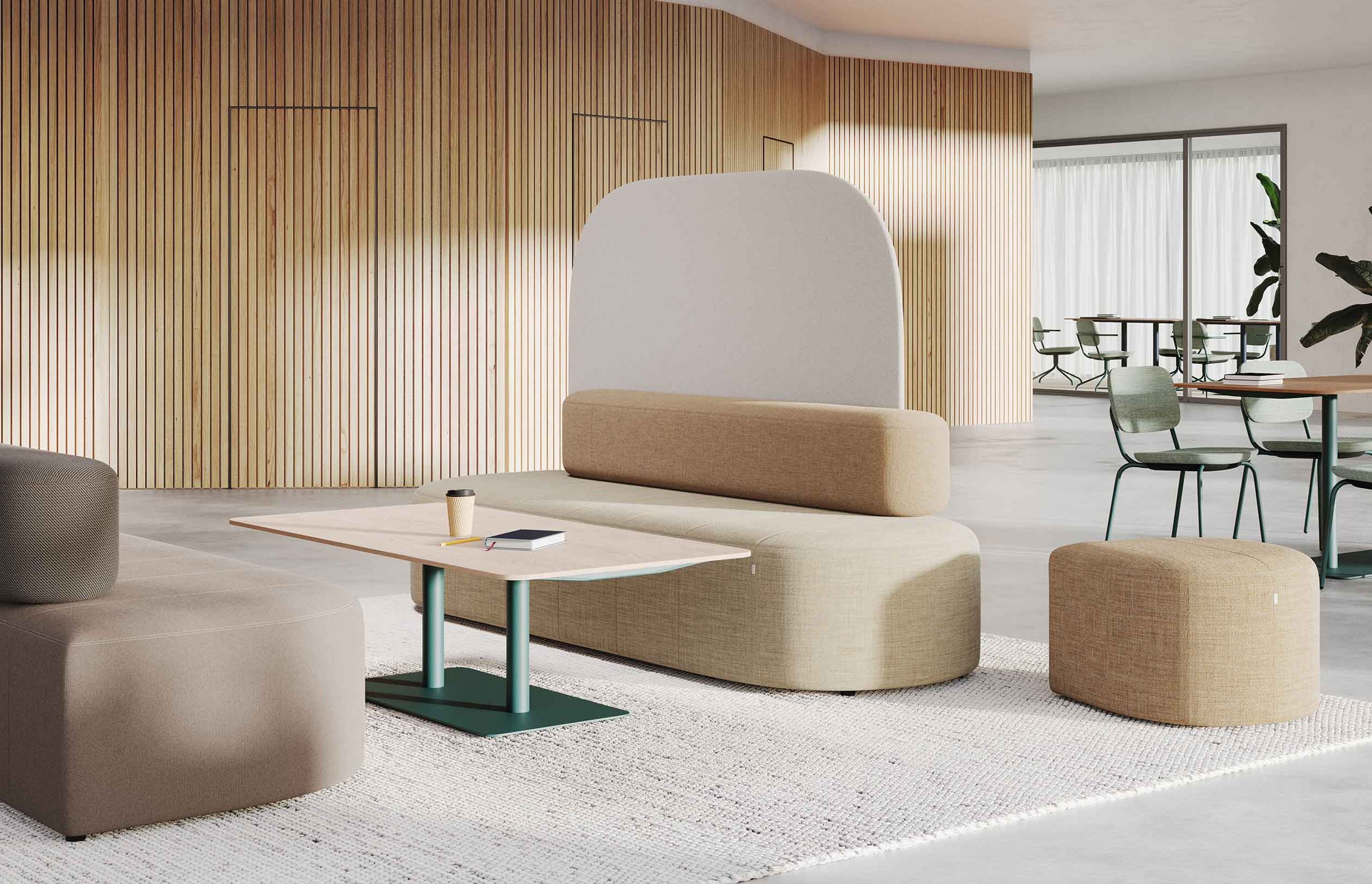 Profim Revo is a stylish collection of sofas, benches, screens, and stools in softly contoured organic shapes. Designed by Pearson Lloyd, Revo is rooted in circularity.