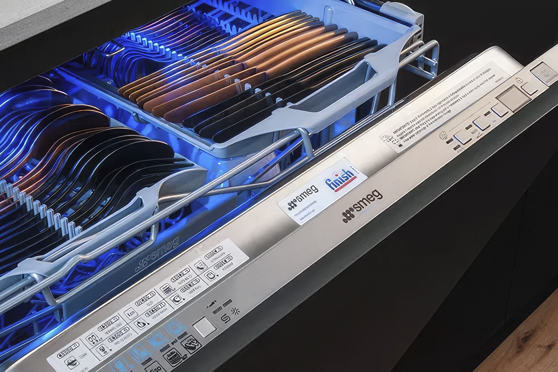 The Smeg Diamond 60cm Integrated Dishwasher features a cutlery tray, LED lighting, a 5 stage filtration system and more outstanding features.