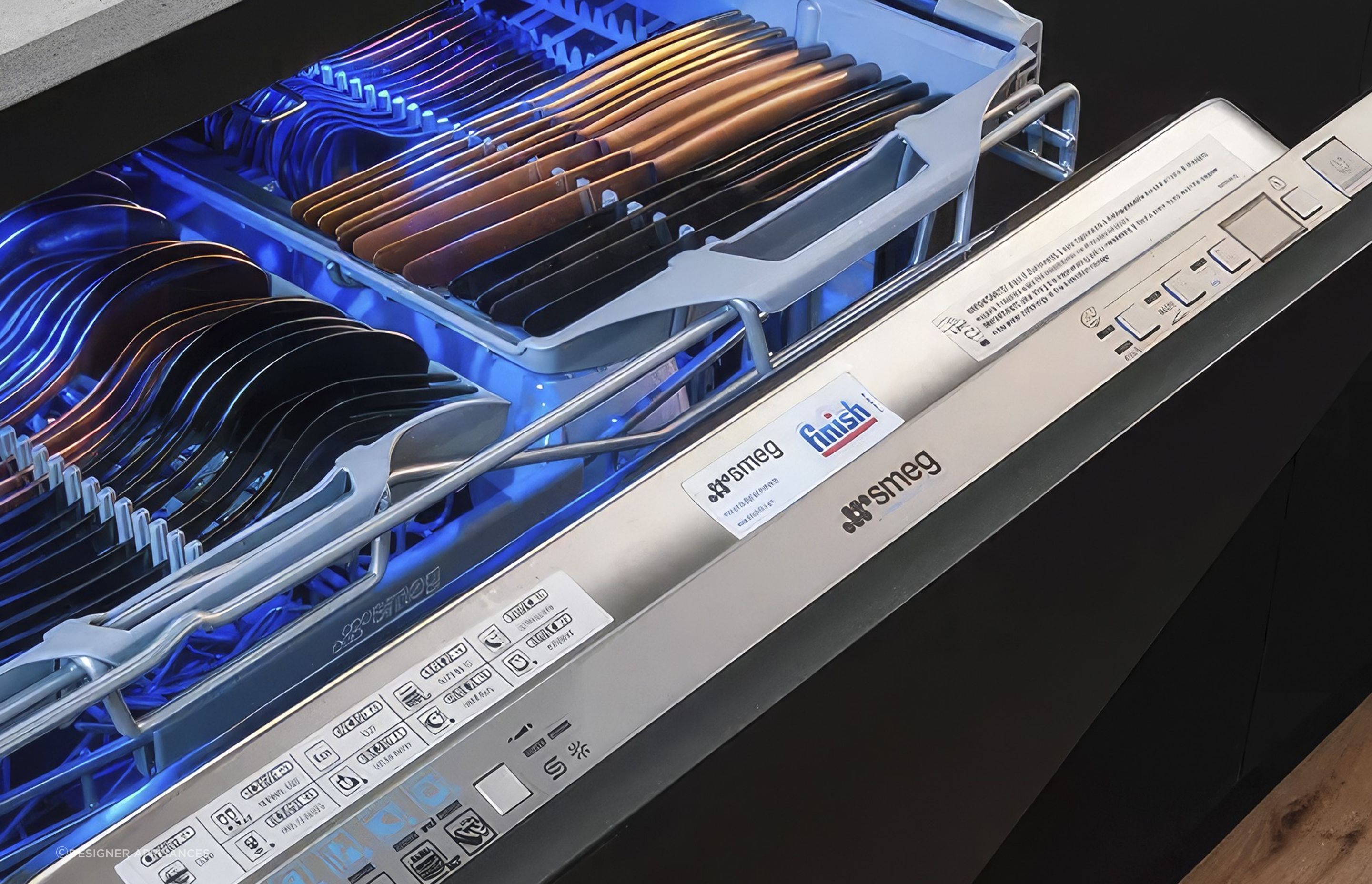The Smeg Diamond 60cm Integrated Dishwasher features a cutlery tray, LED lighting, a 5 stage filtration system and more outstanding features.