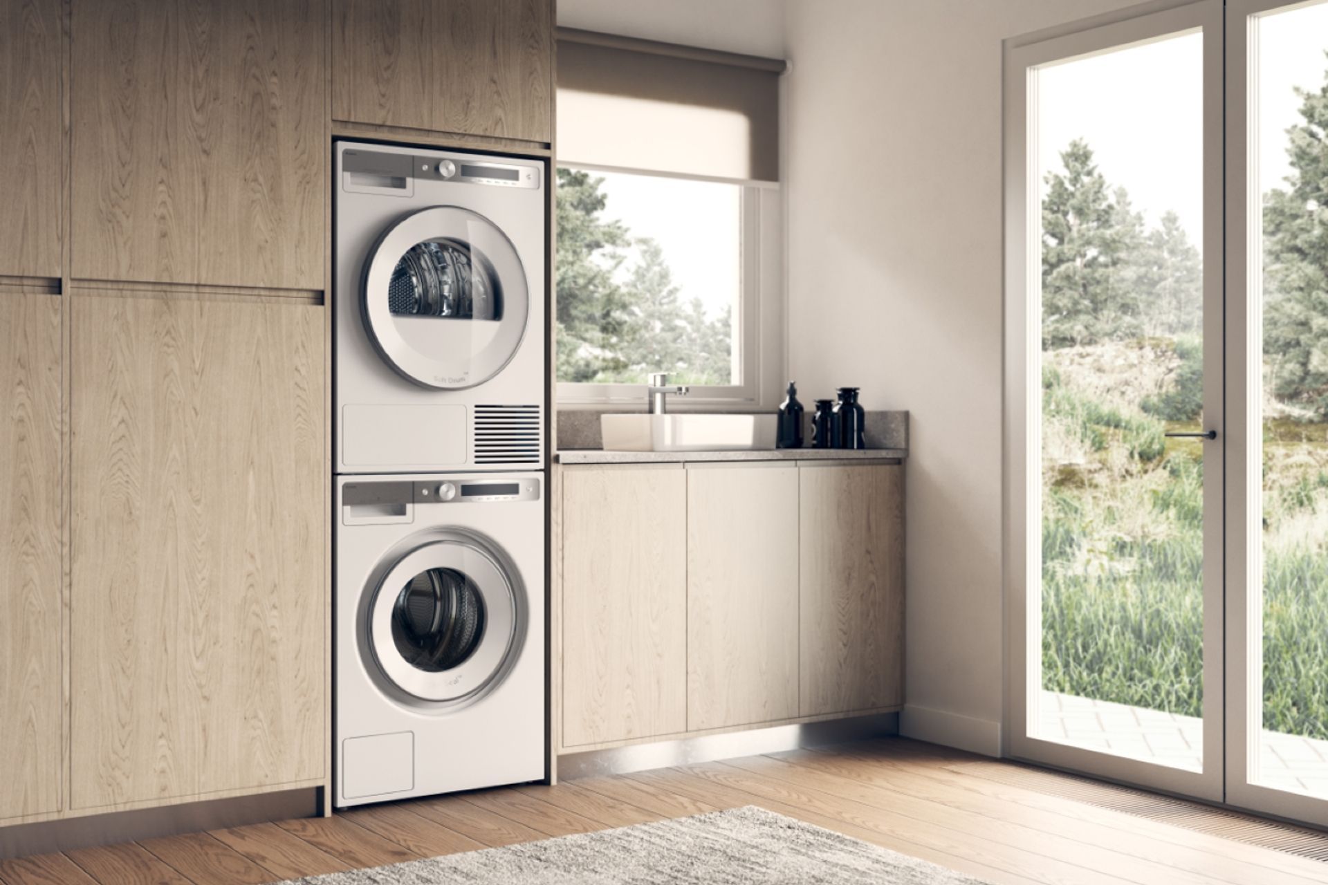 The Steel Seal 8 Kg Washing Machine shows how front loaders can be stacked with dryers, saving invaluable floor space.