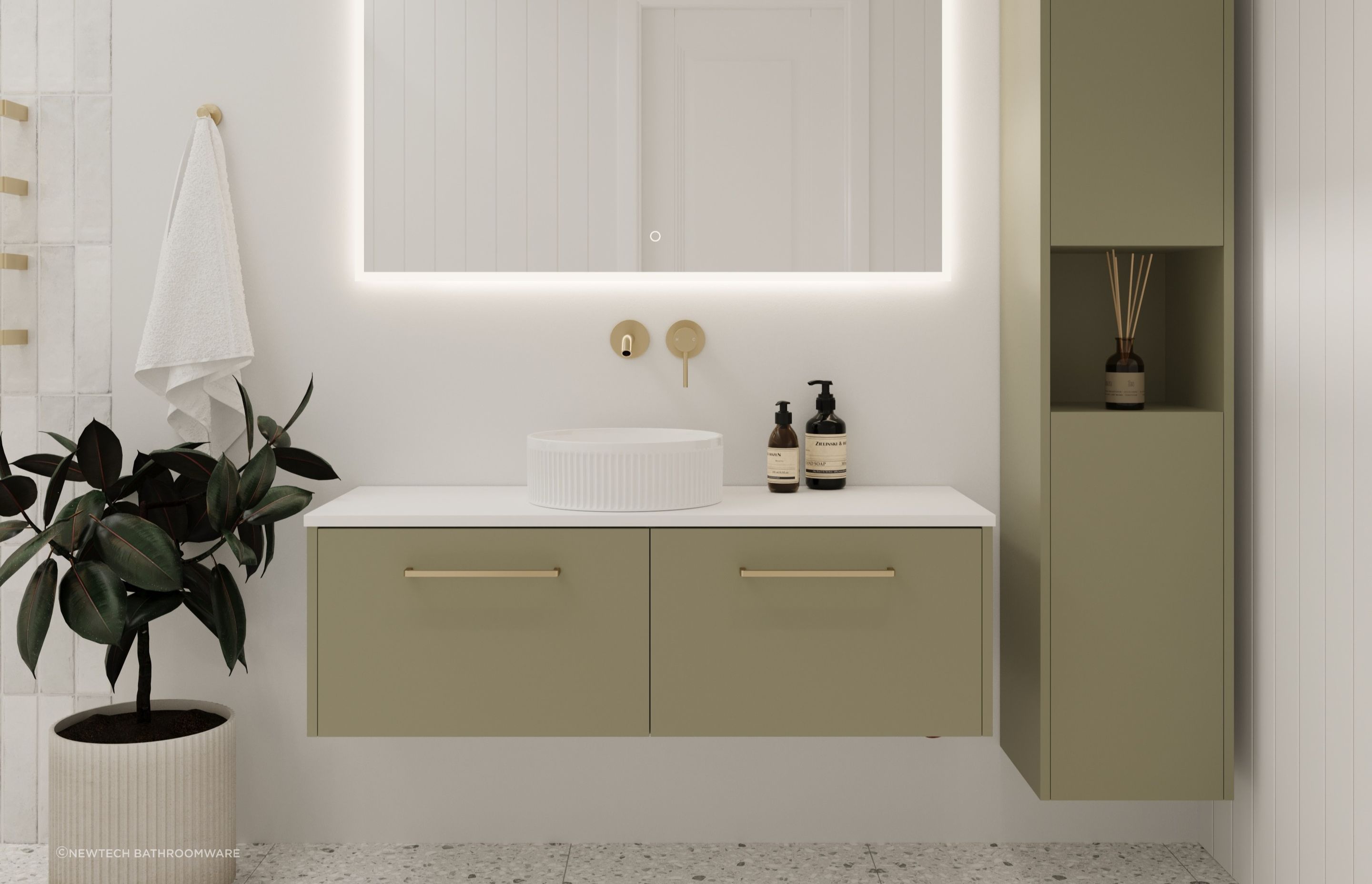 Floating vanities like the impeccable Sahara Luxe Wall Hung Vanity from Newtech Bathroomware help enhance the illusion of space.
