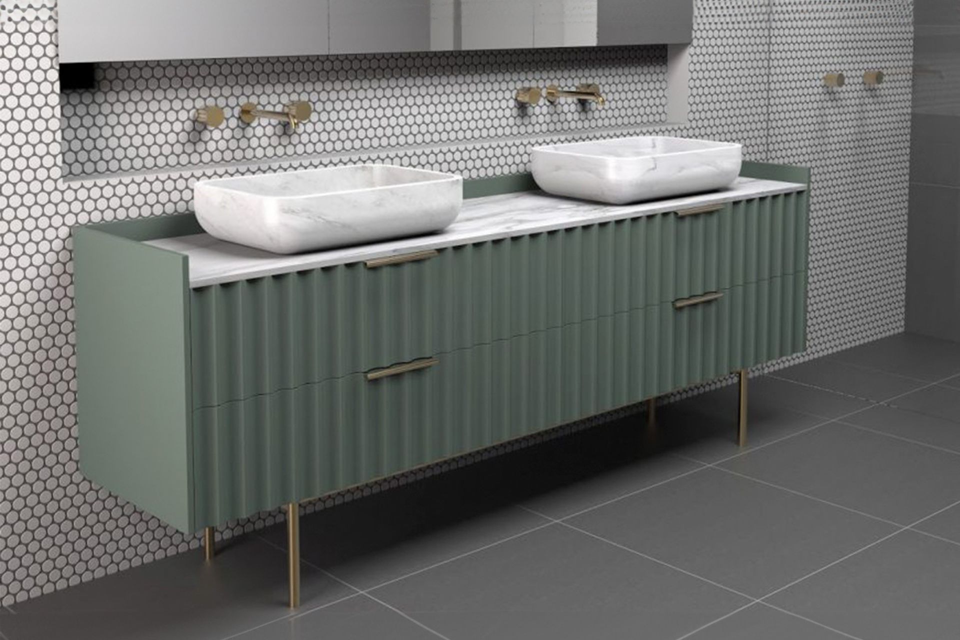 Shades of green can bring a natural aesthetic to your bathroom, seen here with the Seta Vanity by MAMO | Architectural Stone Surfaces®.