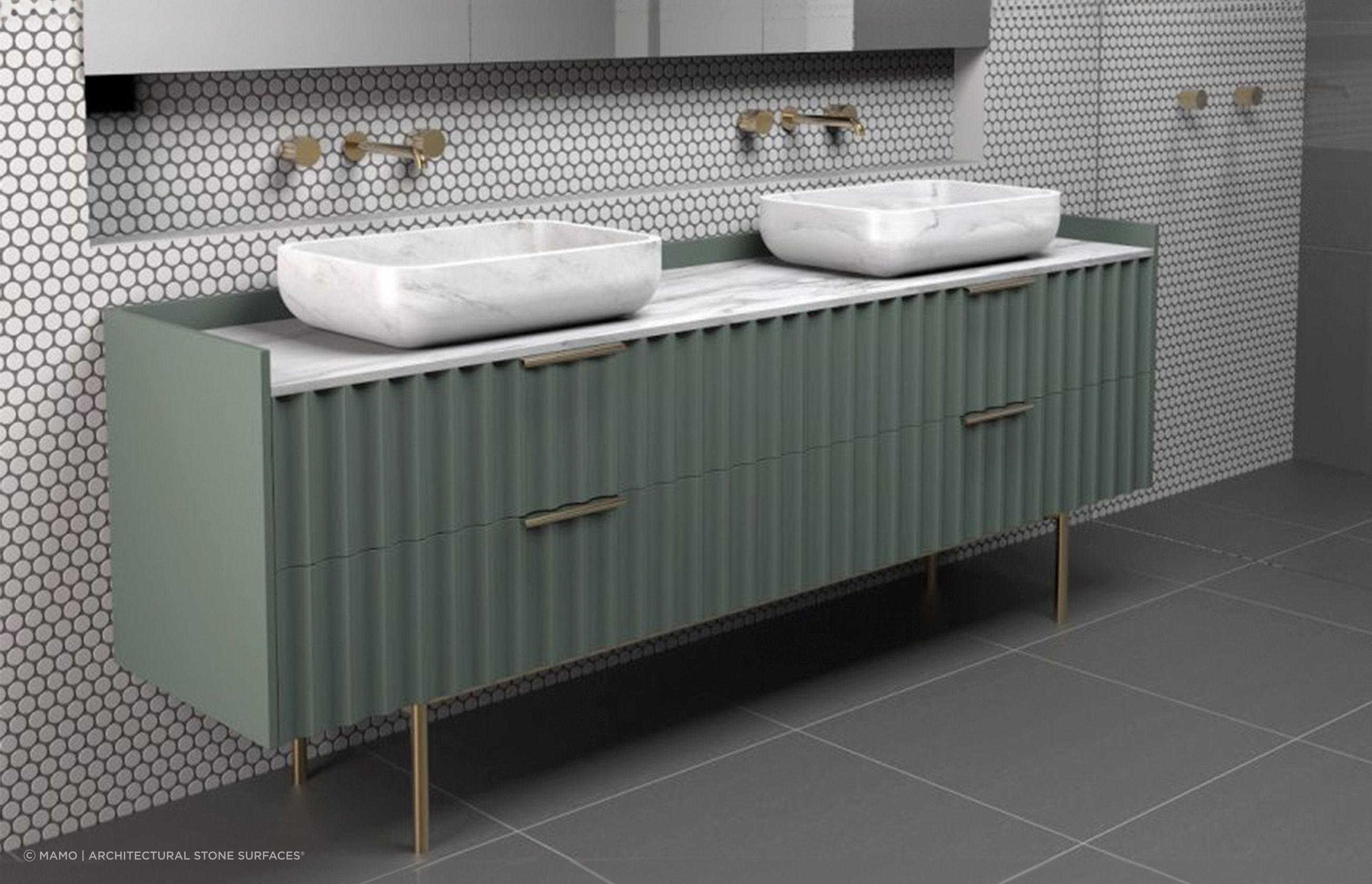 Shades of green can bring a natural aesthetic to your bathroom, seen here with the Seta Vanity by MAMO | Architectural Stone Surfaces®.