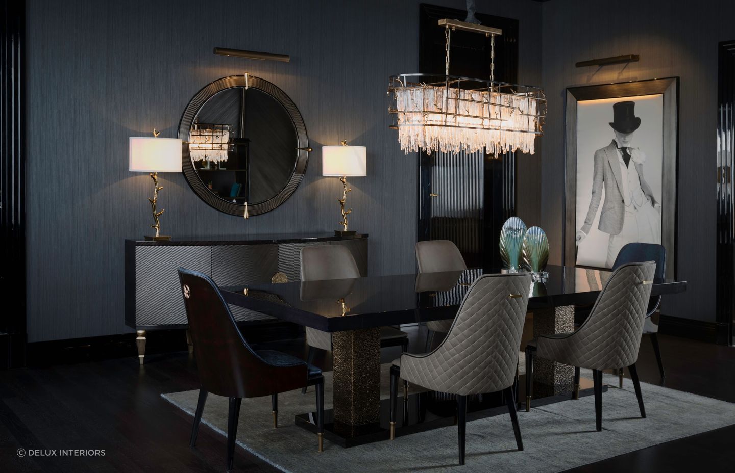 An opulent chandelier adds natural grace and elegance, seen here with the equally luxurious Stone Dining Table.