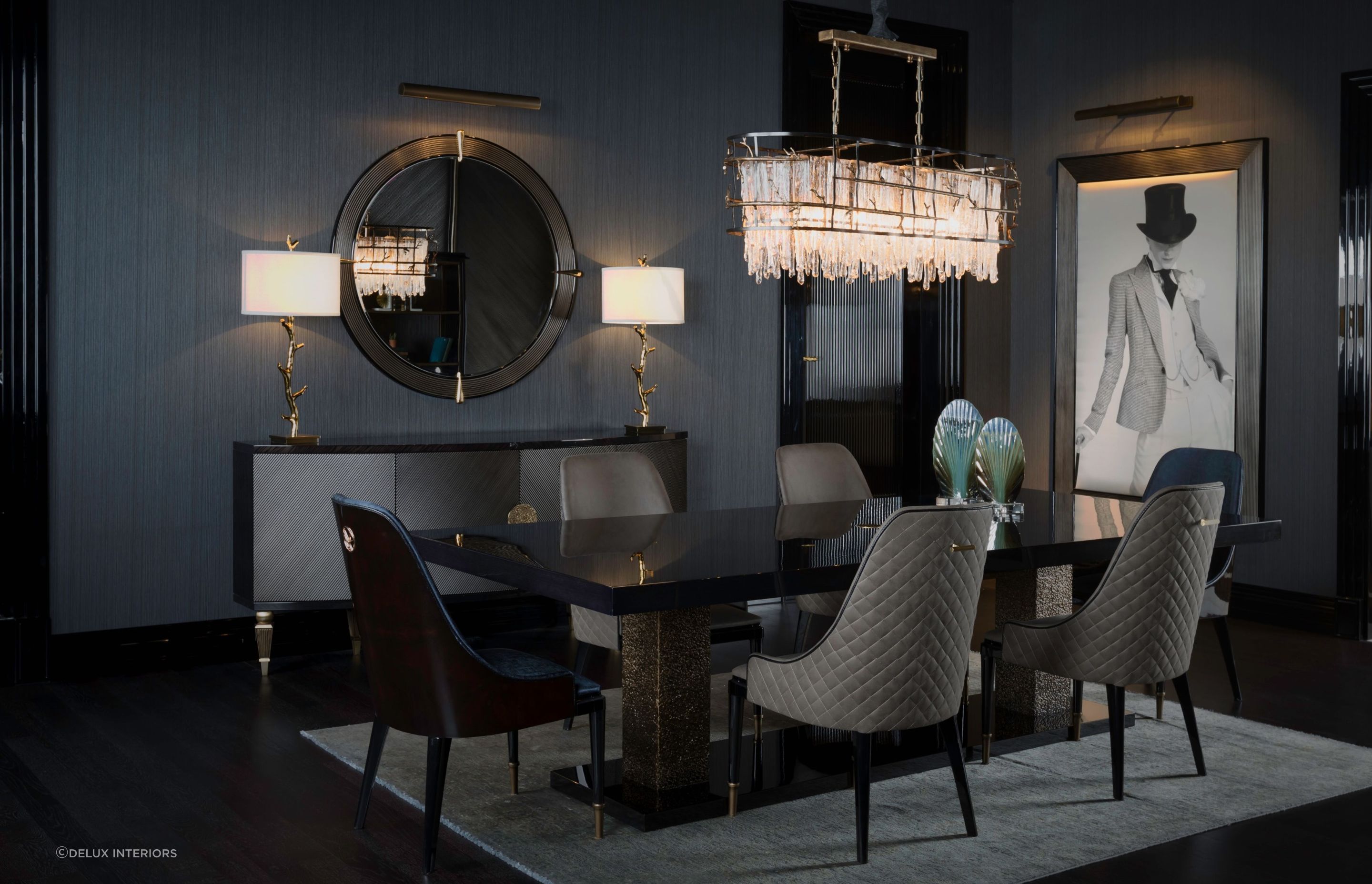 An opulent chandelier adds natural grace and elegance, seen here with the equally luxurious Stone Dining Table.