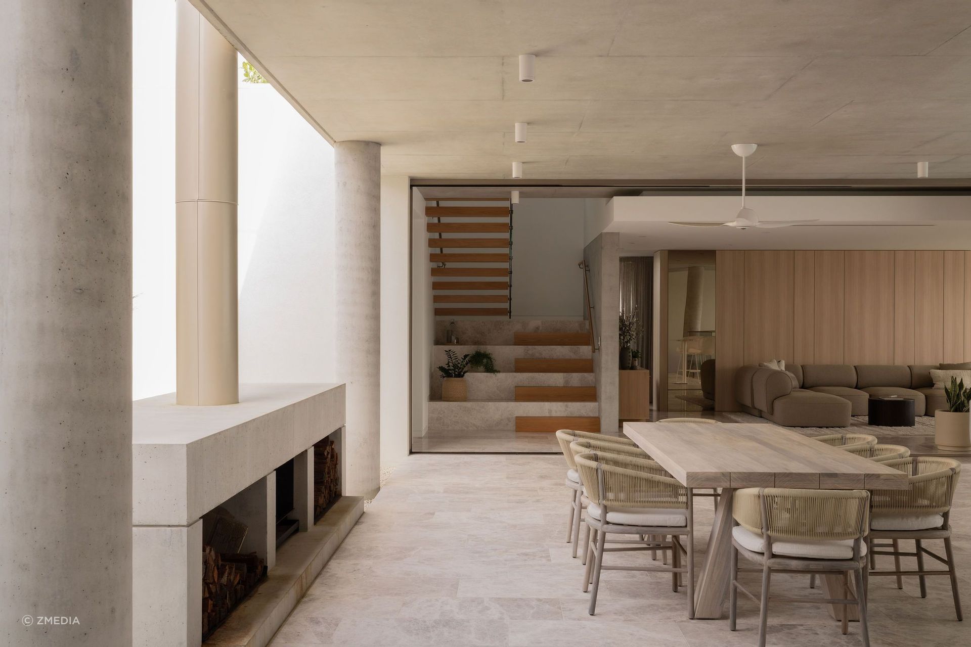 Outdoor furniture should integrate seamlessly with the same palette and materiality as indoor furniture.