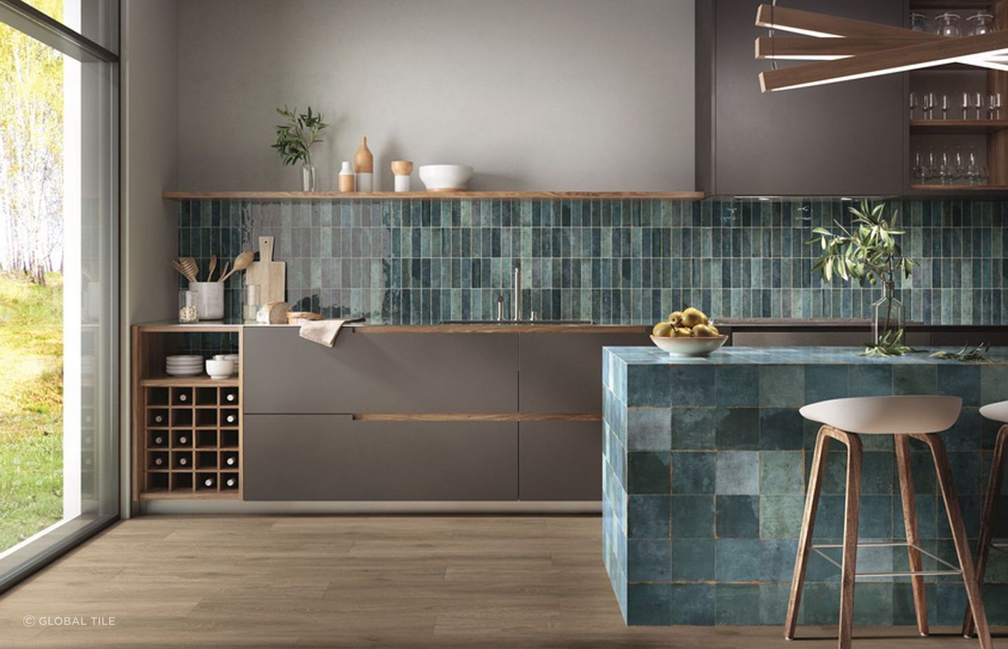 Coordinating your choice of wall tiles alongside your kitchen island, done superbly here with the Tennessee Satin Tiles, is a great way to create a cohesive look.