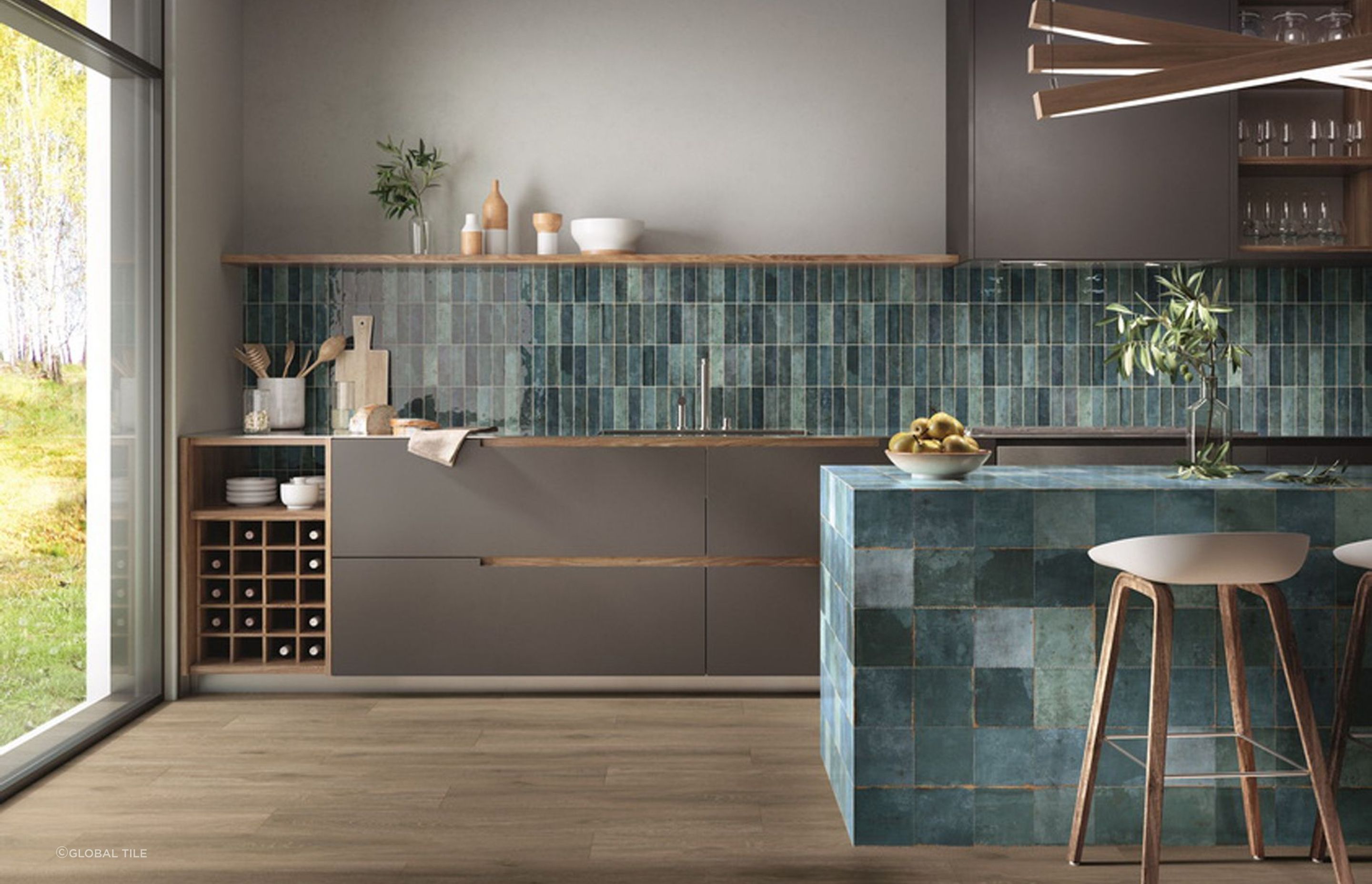 Coordinating your choice of wall tiles alongside your kitchen island, done superbly here with the Tennessee Satin Tiles, is a great way to create a cohesive look.